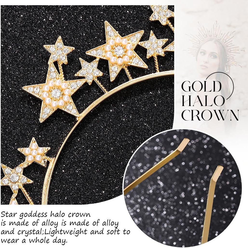 CAKURE Diadema de corona con halo de estrellas, tiaras y coronas de estrellas de diamantes de imitación, diadema de María y diosa, accesorio para el