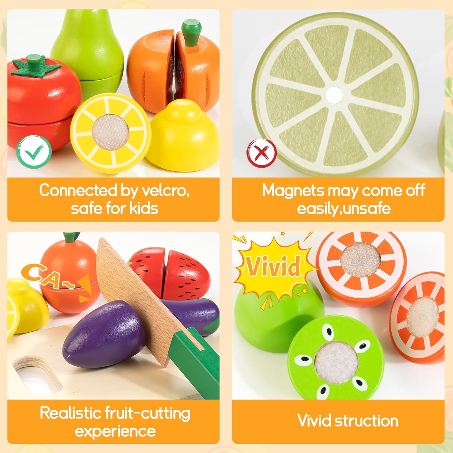 Comida de madera para niños pequeños, juego de corte de frutas y verduras con velcro para niños, accesorios de cocina para niños y niñas de 3, 4, 5,