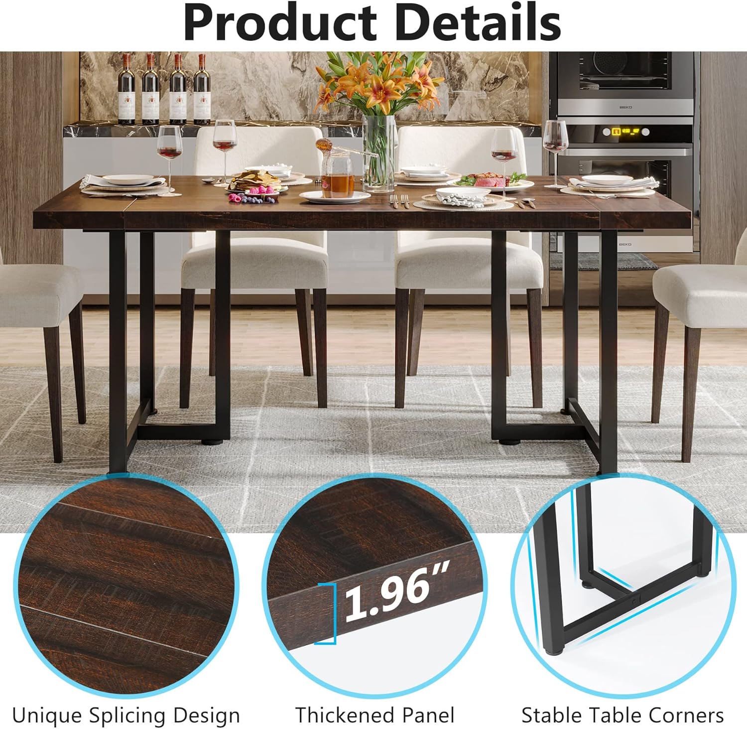 Tribesigns Mesa de comedor para 6 personas, mesa de cocina de granja para comedor, mesa rectangular industrial con patas de acero, marco de metal,
