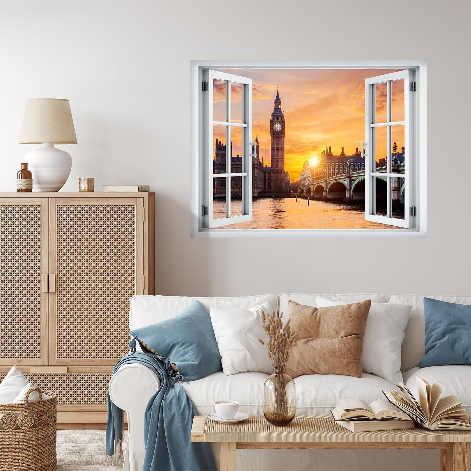 wall26 Adhesivo mural removible para pared, vista de ventana, Londres, Inglaterra, puente Big Ben al atardecer, naturaleza, desierto, fotografía,