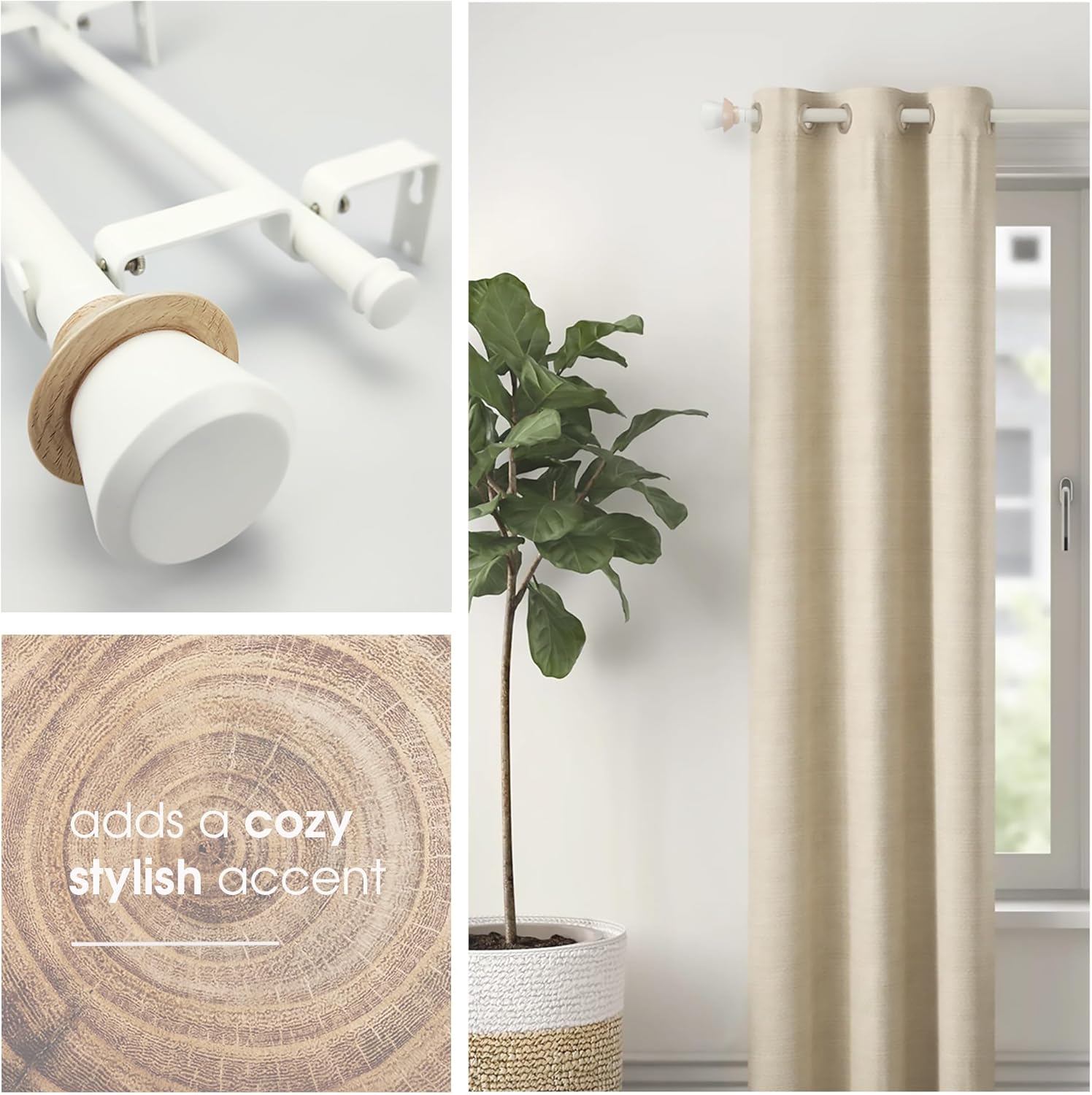 Juego de cortinero doble blanco de estilo nórdico con remates decorativos, 72-144 pulgadas, barra de cortina doble estándar para 1 paquete, 1