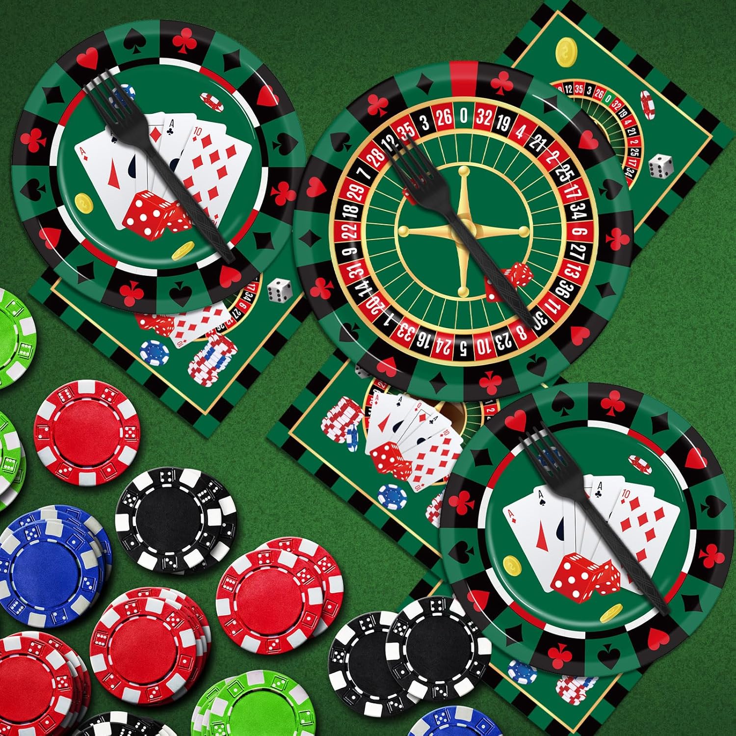 Juego de vajilla de 96 piezas con temática de casino para fiestas de cumpleaños de Las Vegas, tarjetas de póquer, tarjetas de póquer, fiesta de