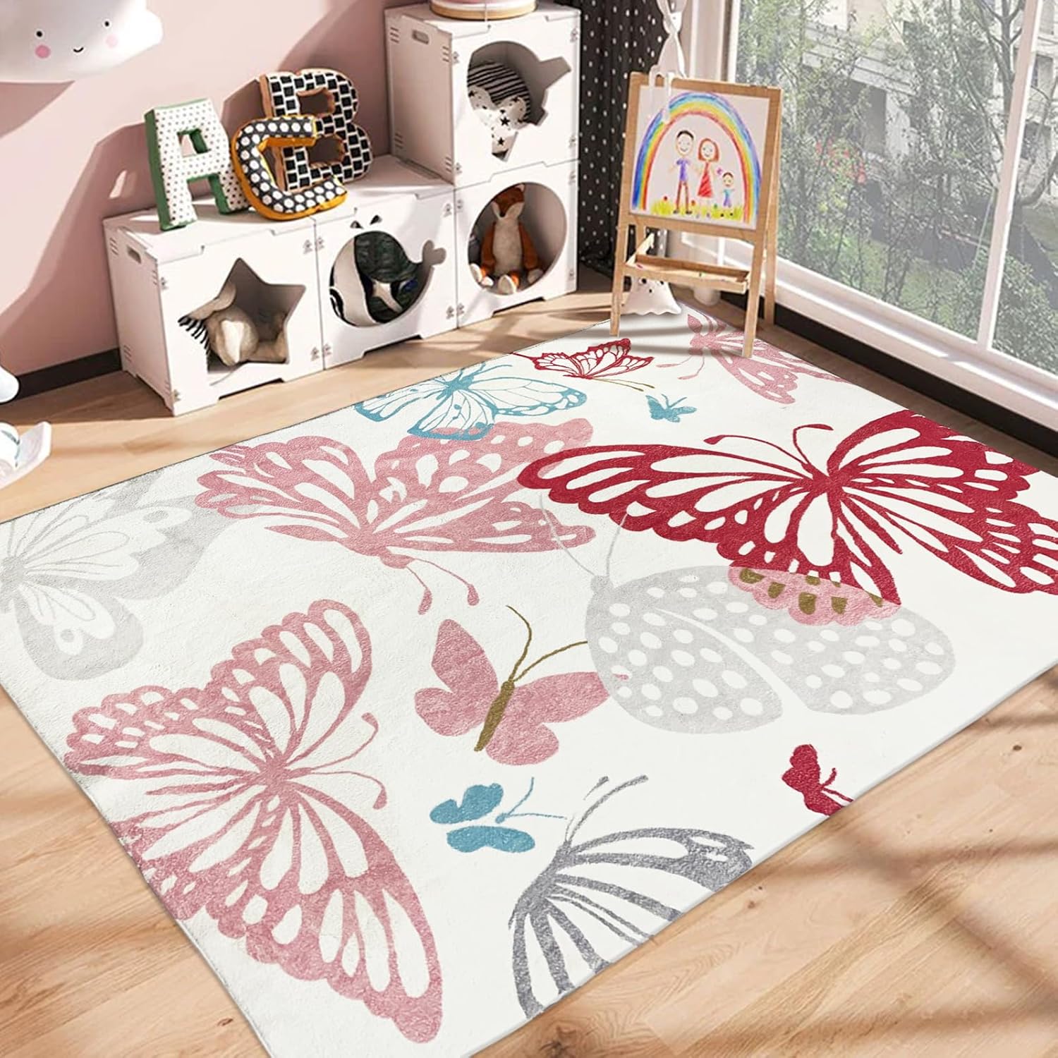USTIDE Butterflys – Alfombra para niños, alfombra lavable de 55 x 78 pulgadas, alfombra antideslizante para habitación de niñas, habitación de
