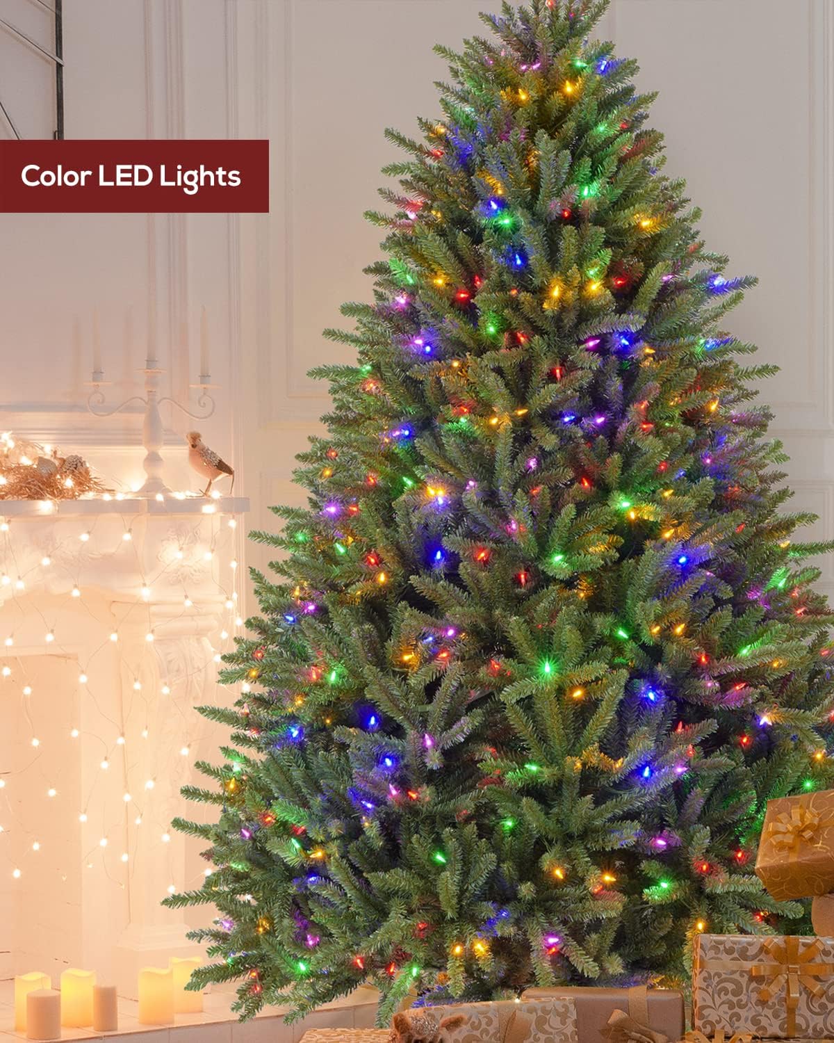 AMERZEST Árbol de Navidad artificial preiluminado de 6.5 pies de abeto azul de alta calidad con 700 luces transparentes, árbol de Navidad de abeto