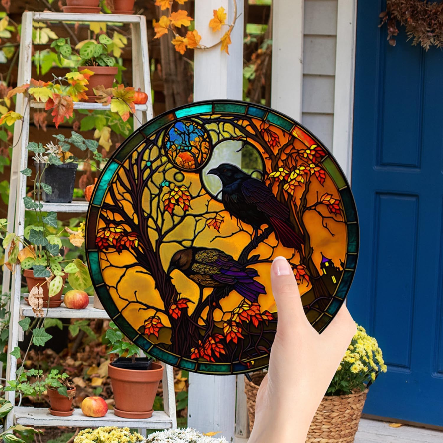Cuervos de acrílico manchado para colgar en la ventana, decoración de pared de cuervo para los amantes de las aves, decoración de Halloween y otoño