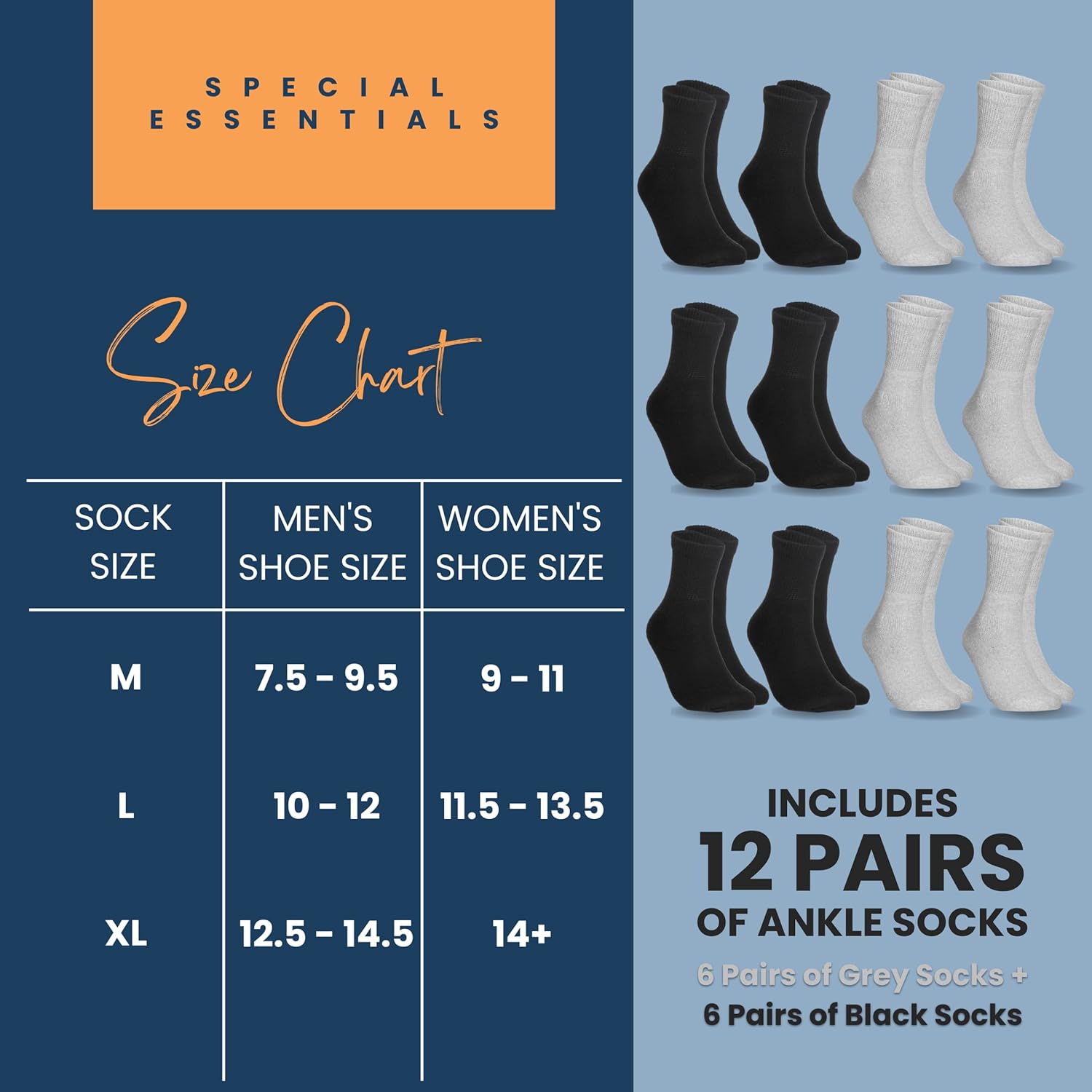 Special Essentials 12 pares de calcetines tobilleros de algodón para diabéticos, no vinculantes con parte superior extra ancha para hombres y mujeres
