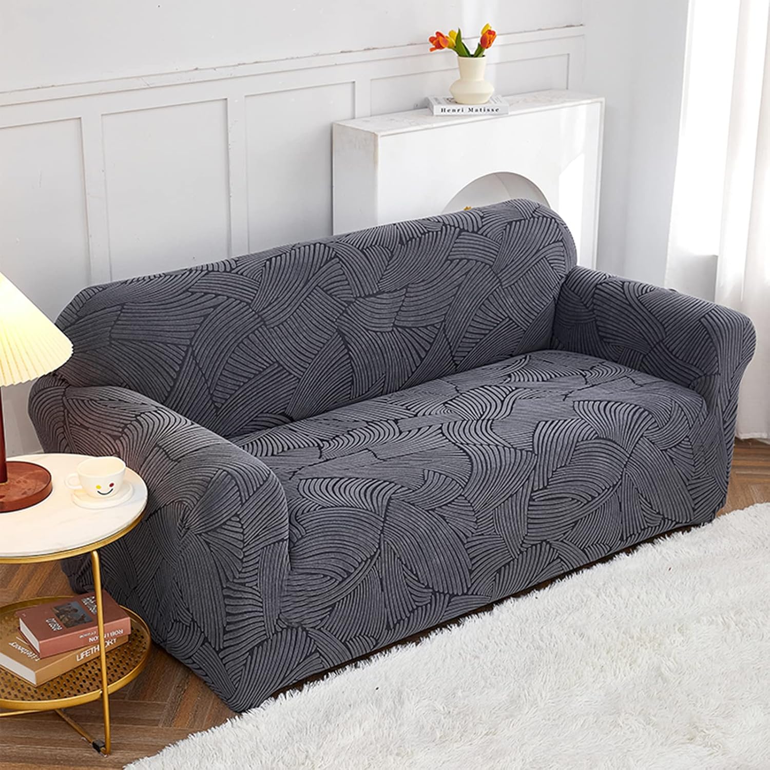 Qubjus Funda de sofá jacquard elástica de 1 pieza, funda de sofá suave, lavable, protector de muebles con espumas antideslizantes para perros, niños