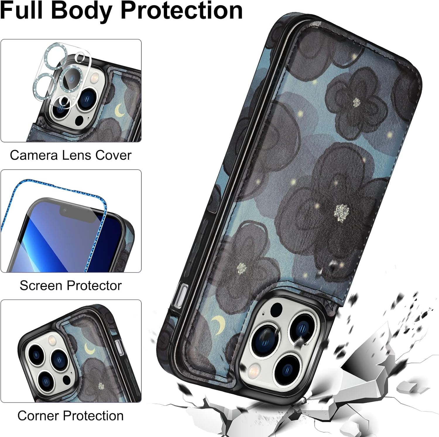 HianDier Funda tipo cartera para iPhone 13 Pro MAX con pulsera, protector de pantalla + funda para cámara, con ranura para tarjeta de crédito, funda