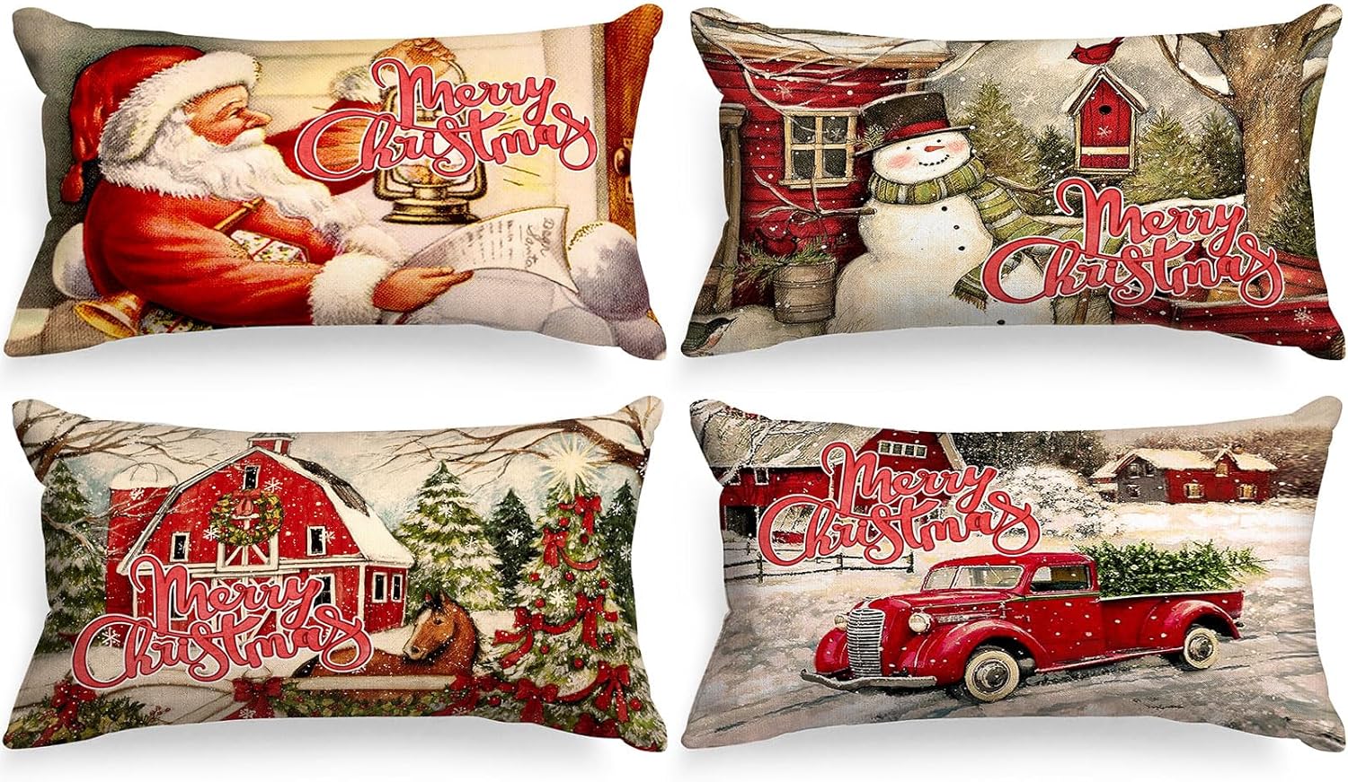 Lanpn Juego de 4 fundas de almohada lumbar vintage de 14 x 24 pulgadas, fundas de almohada decorativas largas retro de Papá Noel de 14 x 24 pulgadas