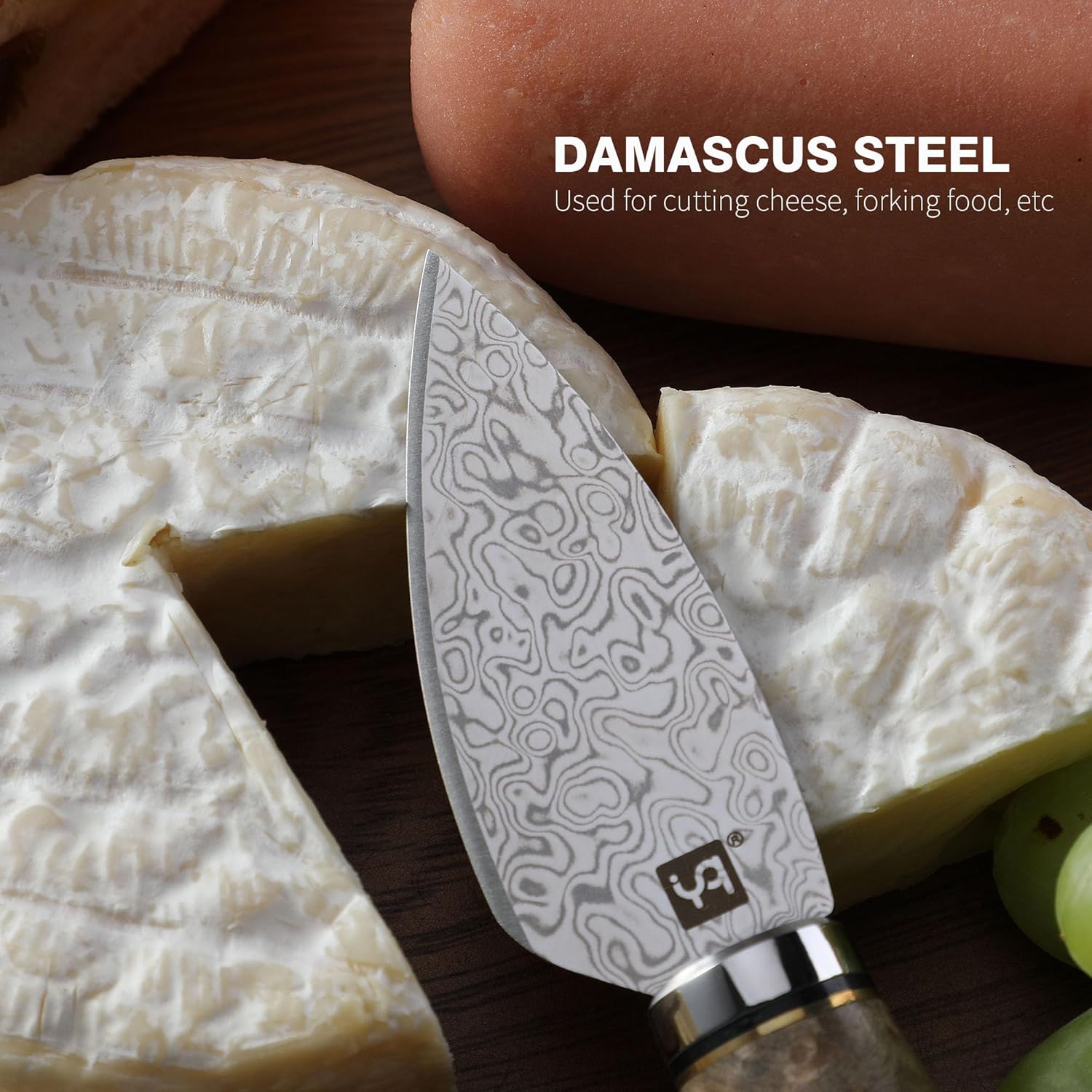 Cuchillo de queso de acero de Damasco para tablas de embutidos, cortador de queso para quesos suaves y duros desmenuzables, resina blanca y mango de