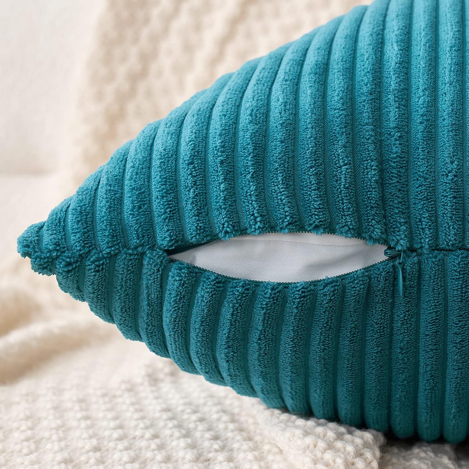 MIULEE Paquete de 2 fundas de almohada de pana verde azulado suave a rayas sólidas, fundas de almohada decorativas cuadradas para sofá, dormitorio,