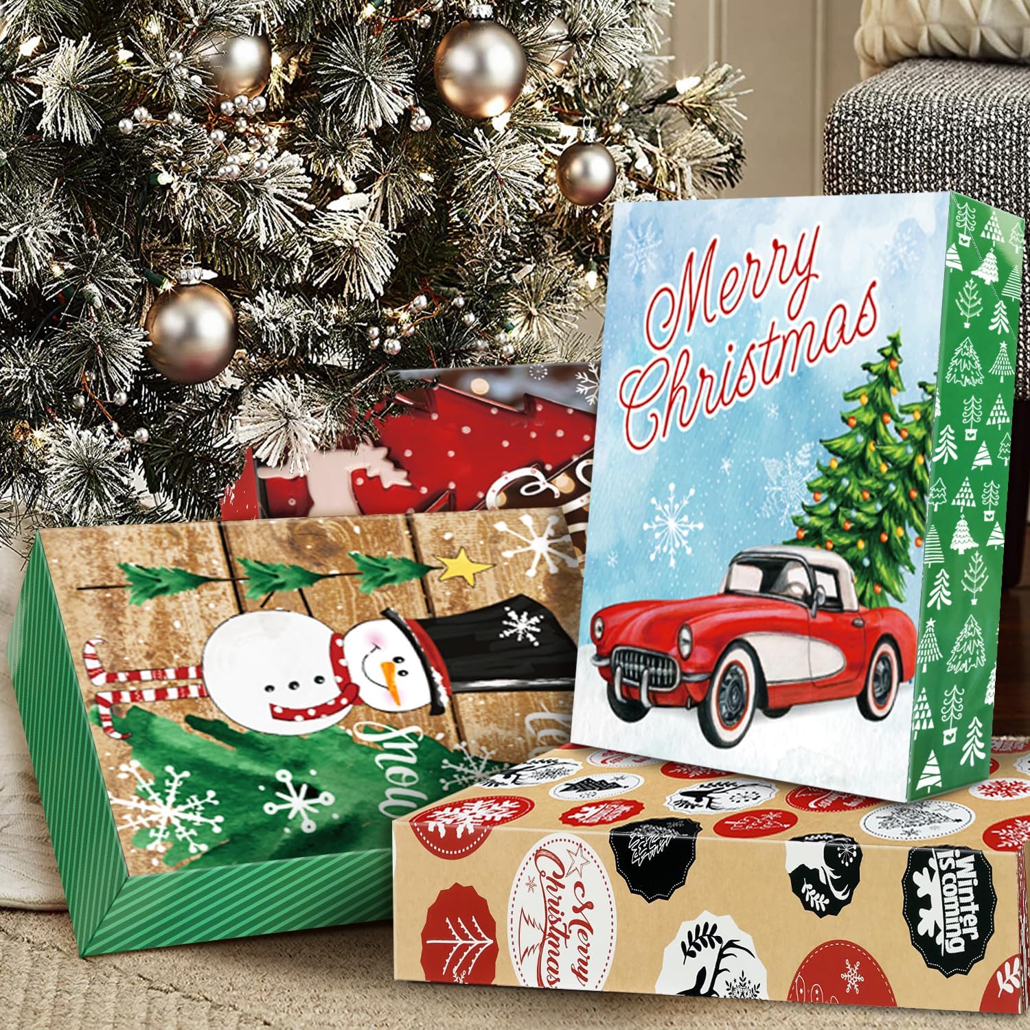 12 cajas de regalo de Navidad extra grandes a granel con tapas, 12 papel de seda y 80 calcomanías de regalo de Navidad para envolver ropa de gran