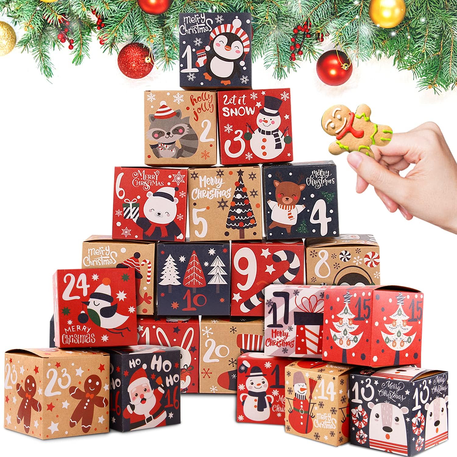 LOKIPA Cajas de calendario de Adviento de Navidad, cajas de regalo de cuenta regresiva de papel kraft de 24 días para niños y familia