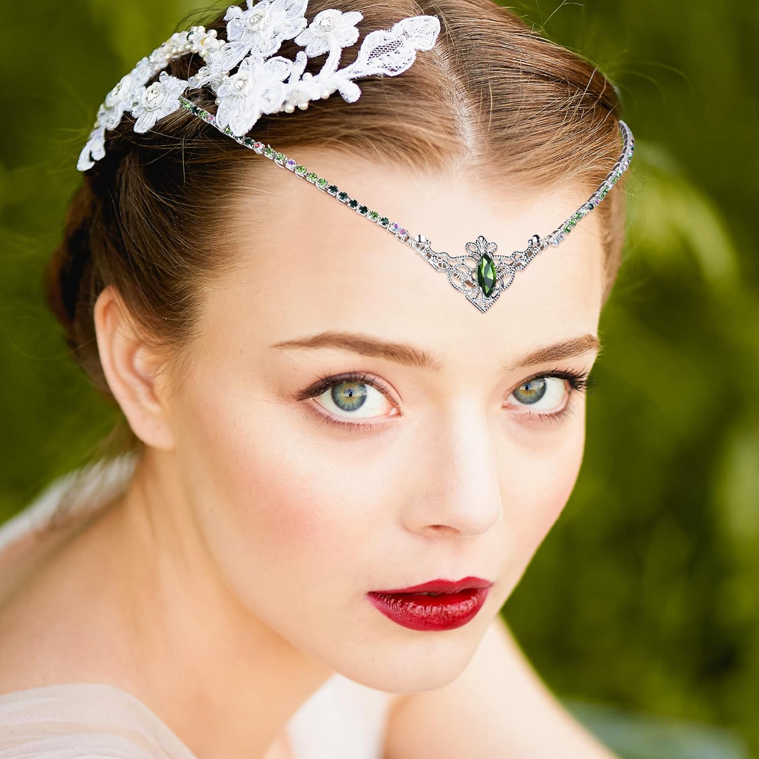 MOSTORY Handmade Green Crystal Tiara for Princess Wedding Rhinestone Fairy Crown Headband for Bridal Shower V-shape Woodland Elf Headpiece for Women