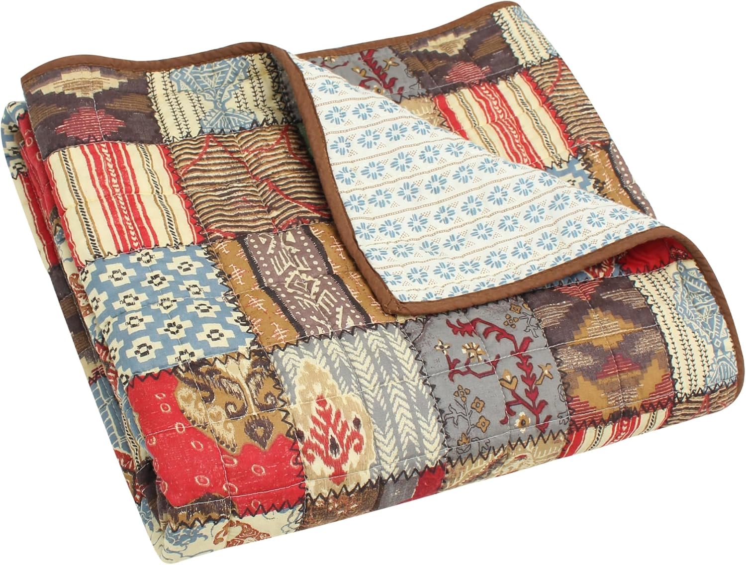 Levtex Home – Ansara – Manta – Patchwork estampado – Borgoña Gris Rojo Taupe Azul Verde Marrón – Tamaño de la manta 50×60 pulgadas – Algodón