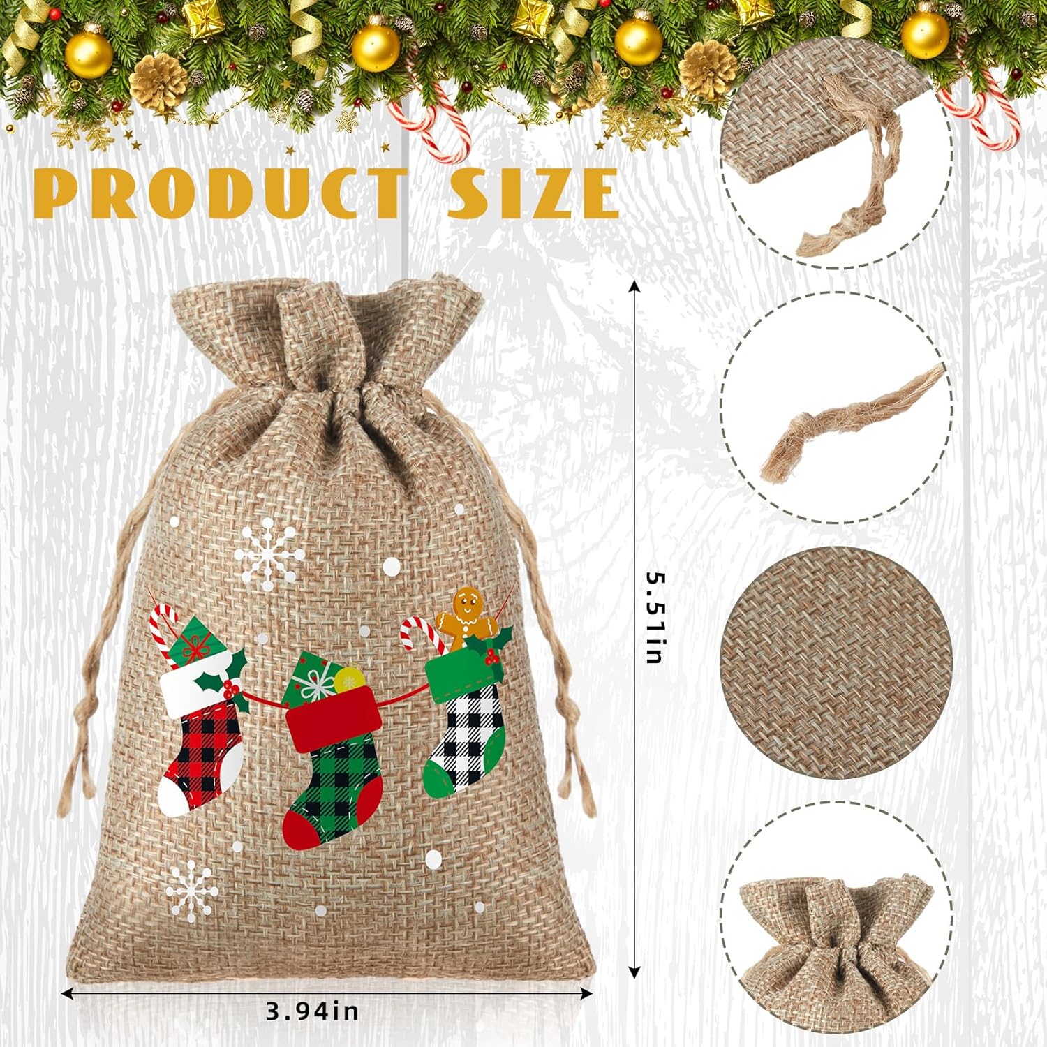 24 bolsas de regalo de Navidad con cordón, bolsa de arpillera de Navidad, bolsa de Navidad de algodón lavable para envoltura de dulces, recuerdos de
