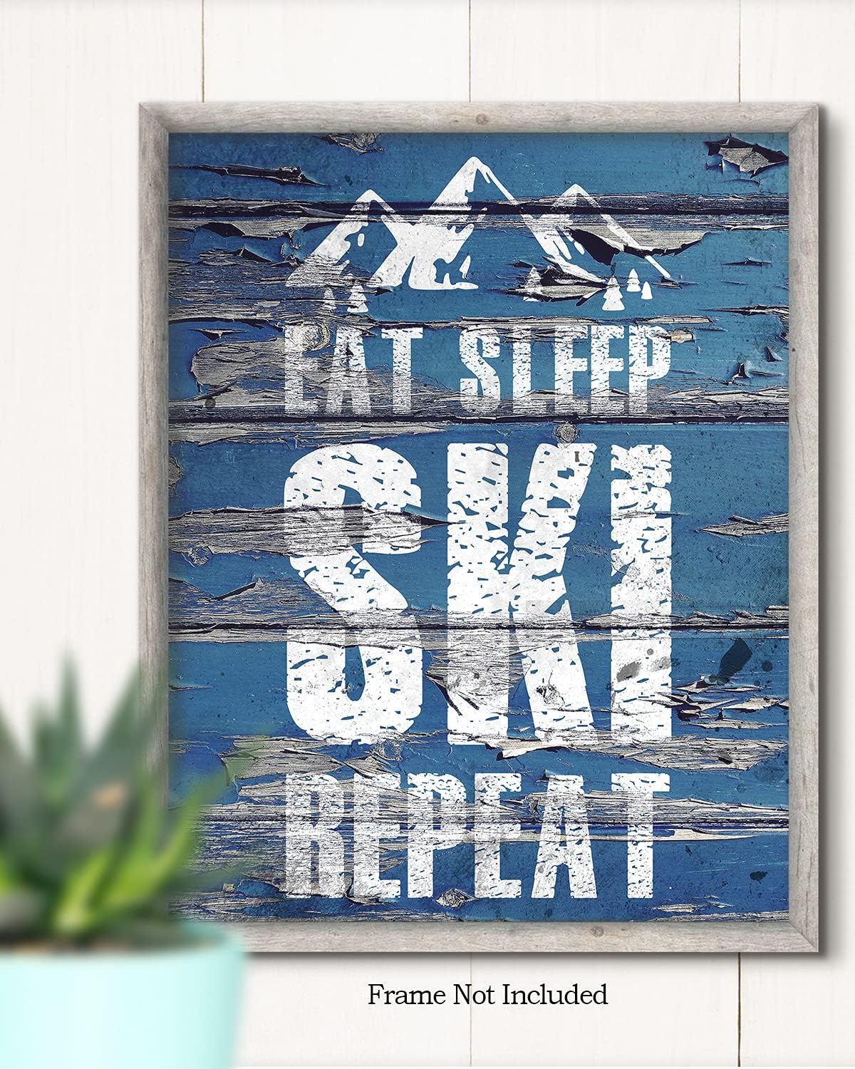 Eat Sleep Ski Repeat – Decoración de pared motivacional de esquí con un fondo azul – ilustraciones sin marco impresas en papel fotográfico