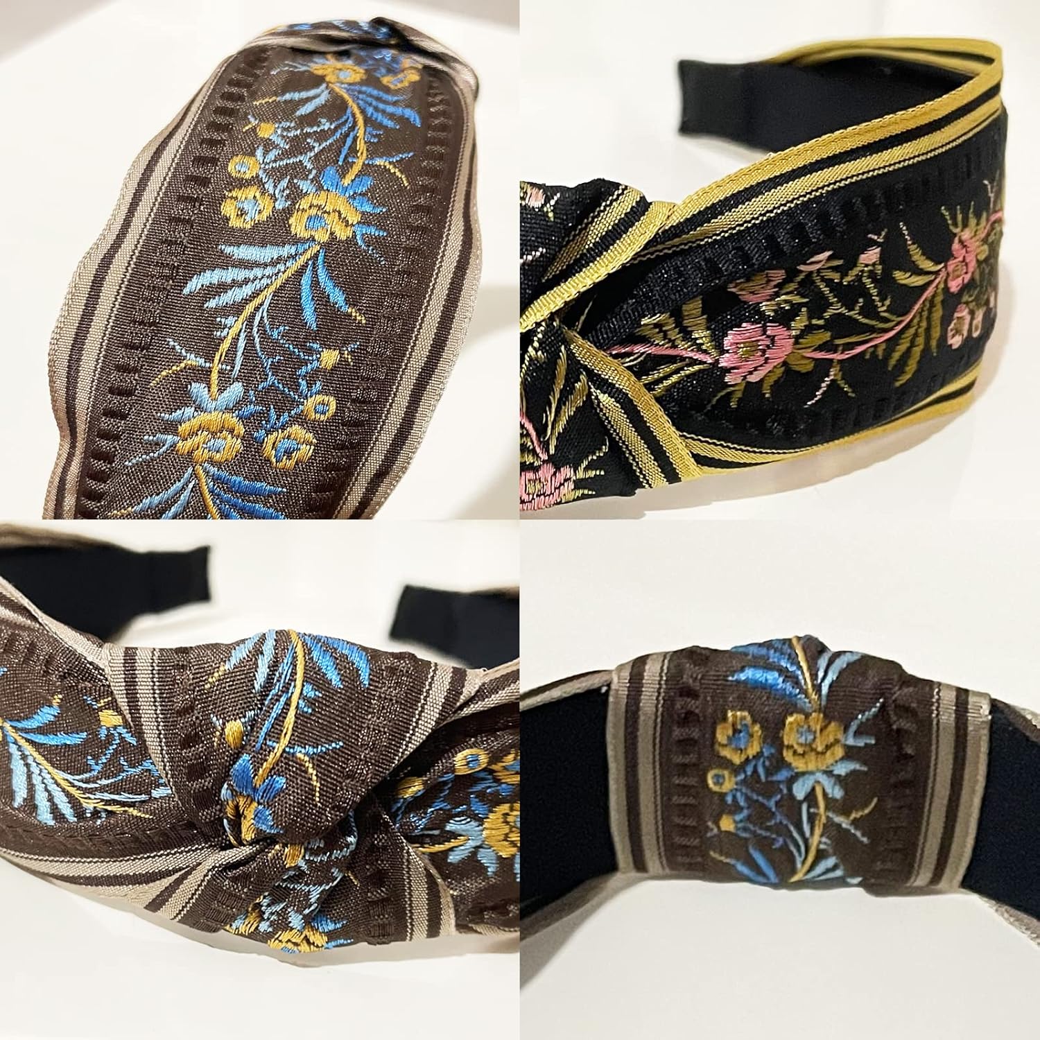 Diadema trenzada vintage hecha a mano, 4 piezas, tela bordada, nudo cruzado, aro elástico para el cabello, dulce banda ancha para el cabello para