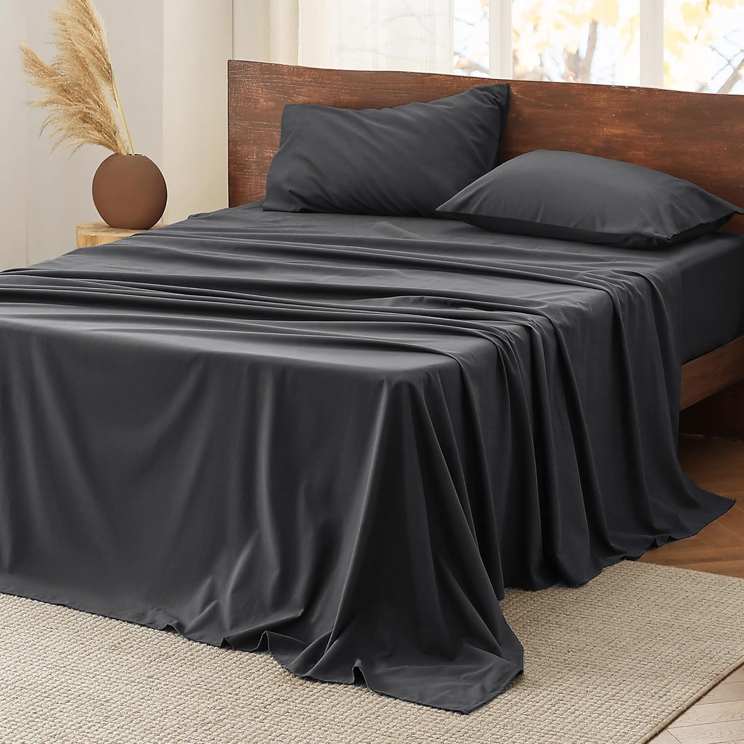 Bedsure Sábanas de franela cepillada tamaño Queen, sábanas 100% algodón para cama tamaño Queen, sábanas extra suaves, color gris carbón, sábanas