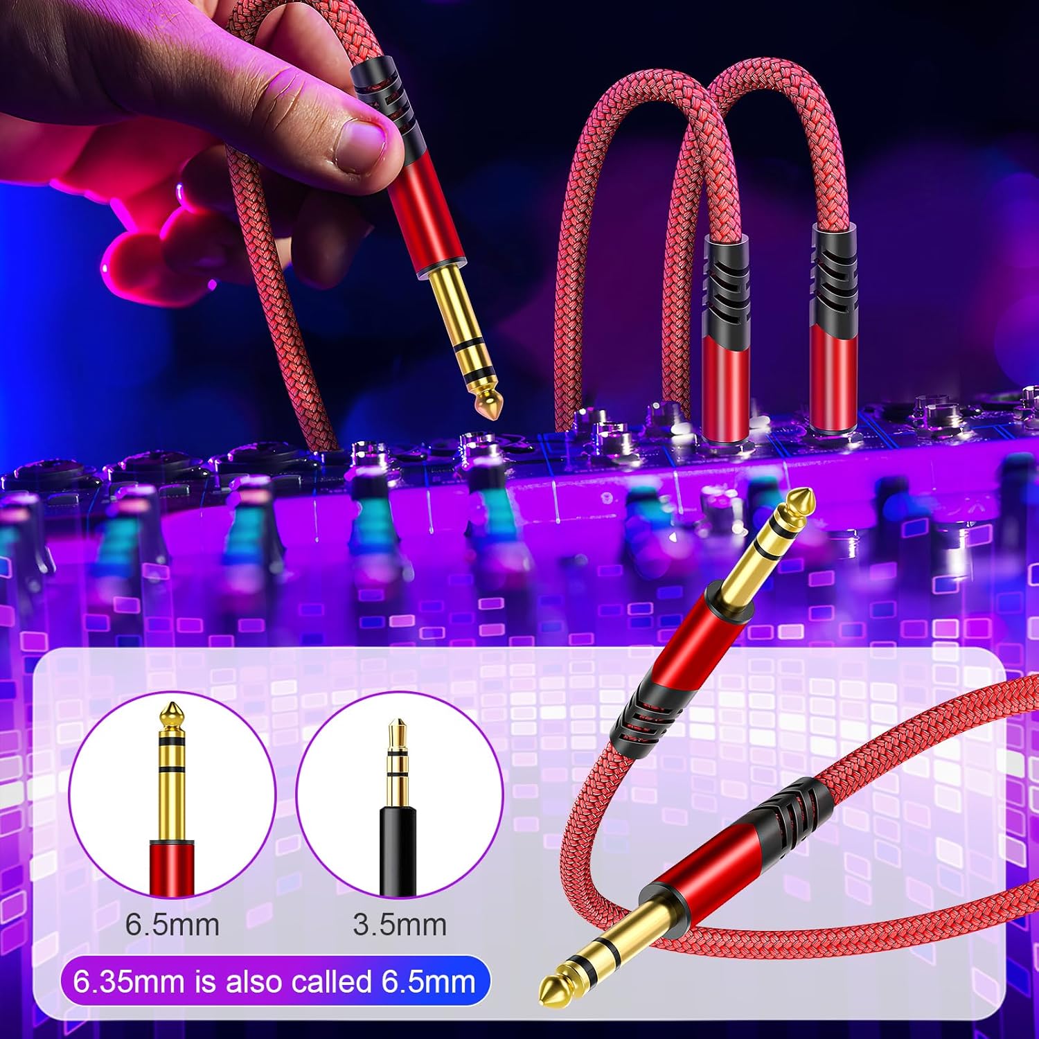 Canjoy Cable de instrumento TRS de 14 de pulgada, paquete de 2 cables de guitarra de 10 pies, macho de 0.250 in a 0.250 in, cable AMP para guitarra