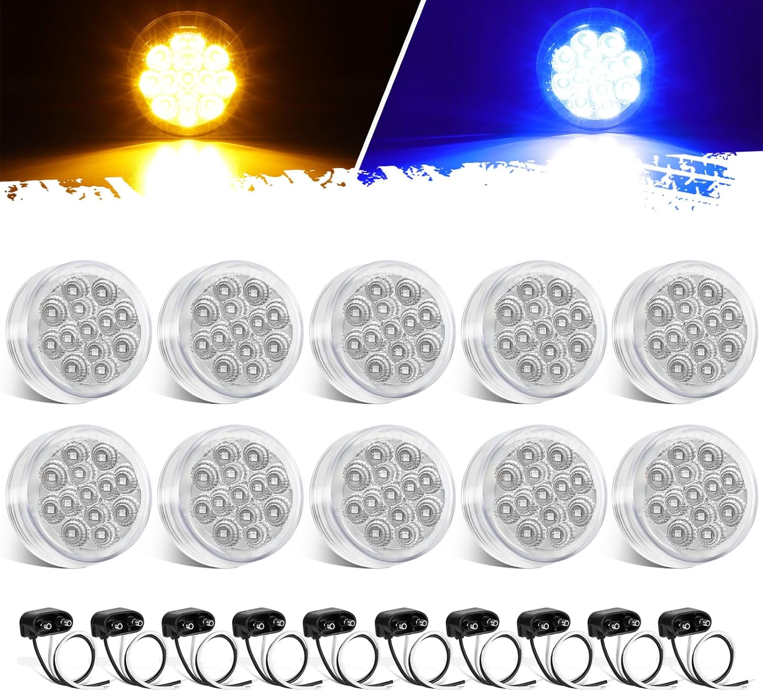 Partsam 10 luces marcadoras de doble revolución de 2.5 pulgadas, redondas, 13 LED, luces laterales ámbar, luces auxiliares azules para camión de