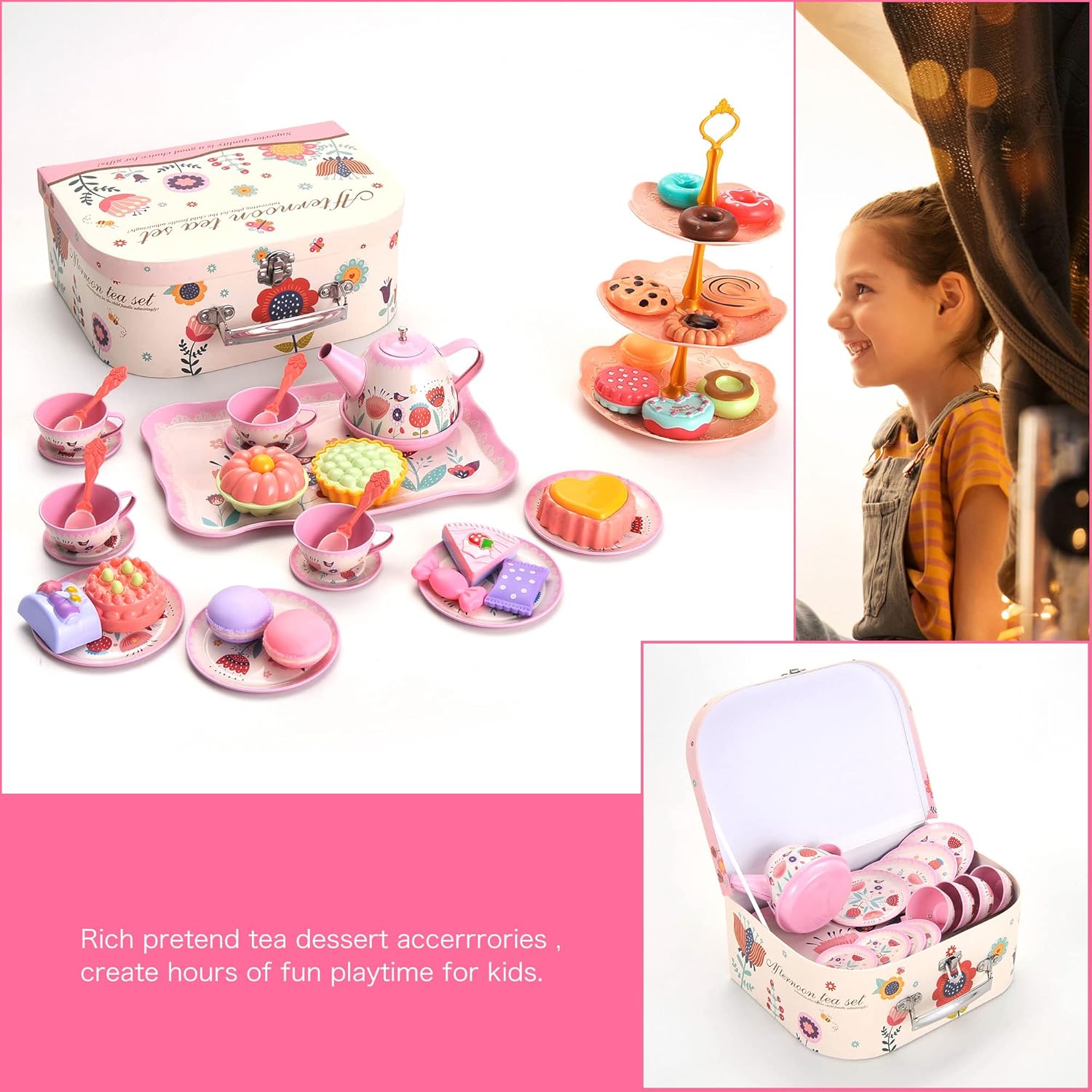 PowerTRC Juego de 48 piezas de fiesta de té de princesa para niños, juego de té de lujo que incluye postres, galletas, aperitivos, tetera, tazas y
