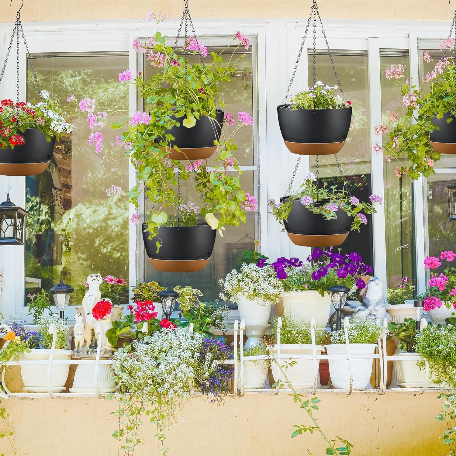 Remerry Juego de 6 macetas colgantes de 11.2 pulgadas para plantas de interior y exterior, juego de macetas colgantes de plástico con agujeros de
