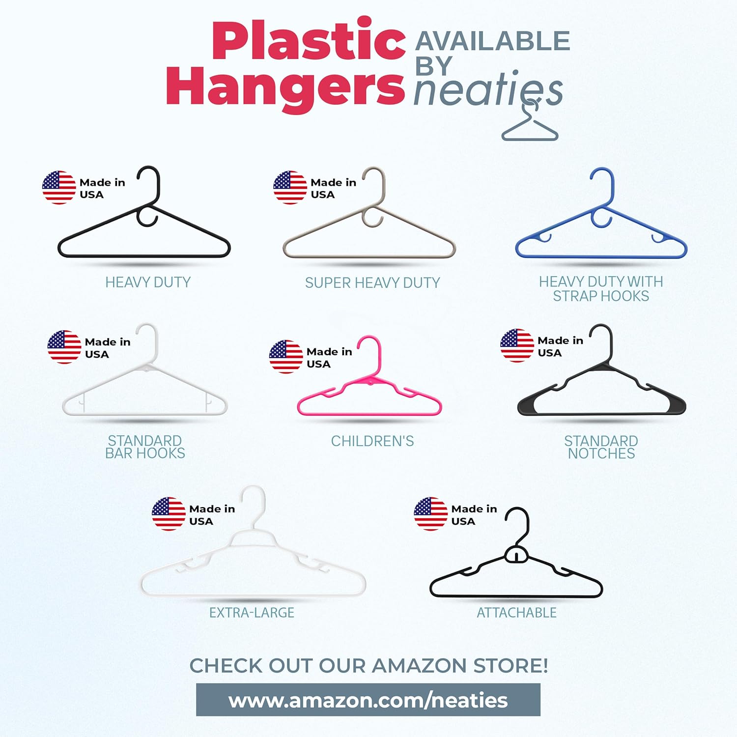 Perchas de plástico resistentes hechas en Estados Unidos a granel, 20, 30, 50, 100 unidades, disponibles, perchas de plástico fuertes, perchas para