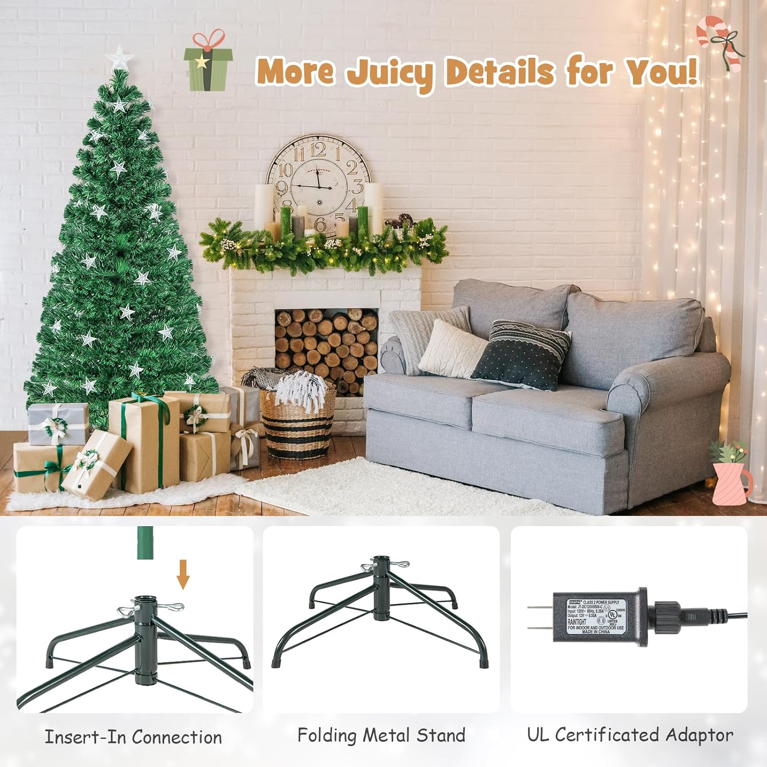 HAPPYGRILL Árbol de Navidad preiluminado de 6 pies, árbol de Navidad artificial con 230 puntas de rama, 30 luces de estrella blancas cálidas, fibra