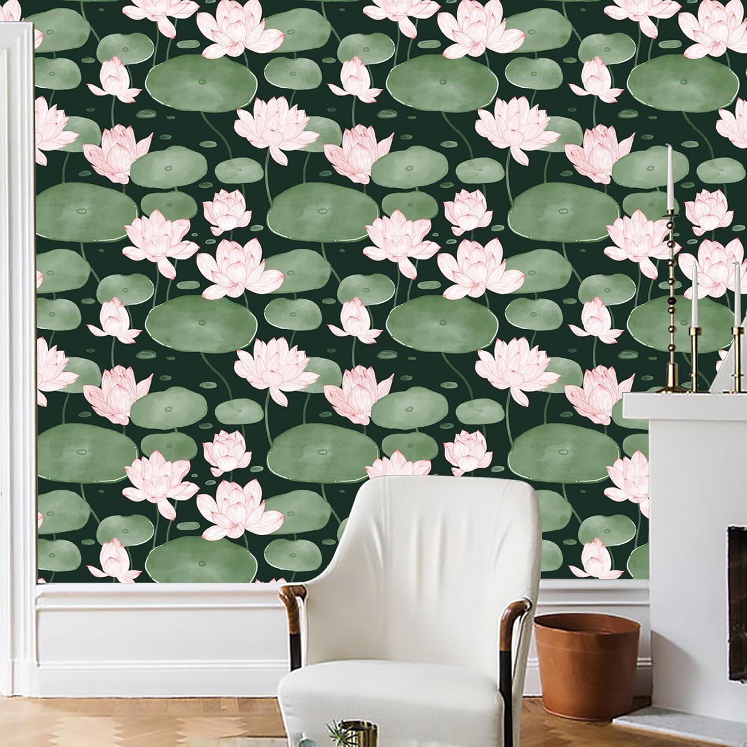 Yasinet Papel tapiz autoadhesivo para despegar y pegar, papel tapiz vintage con flores de loto verde oscuro, papel de contacto autoadhesivo
