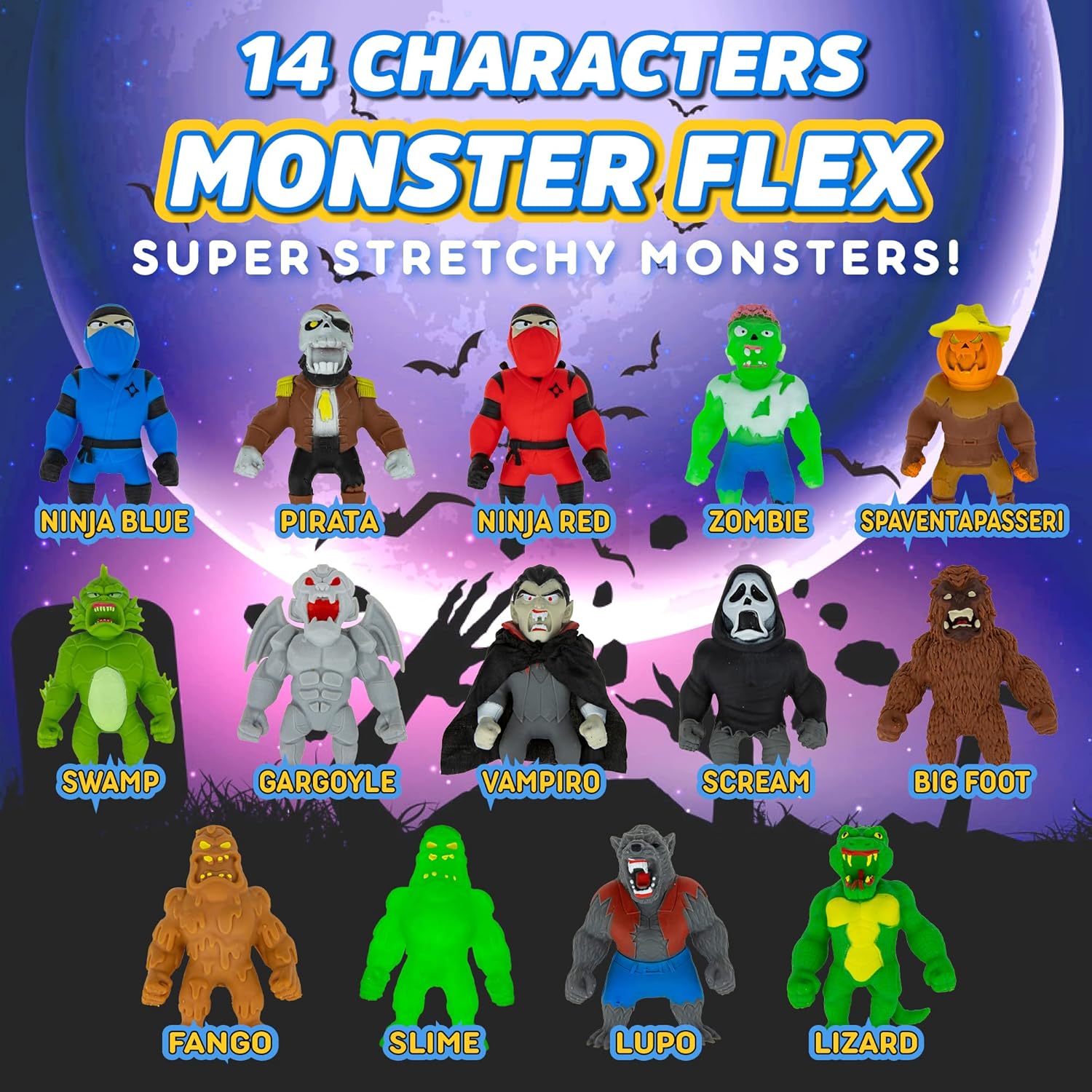 Monster Flex – Juguetes elásticos para niños y niñas, 14 monstruos elásticos espeluznantes únicos, regalos de cumpleaños, de fiesta, juguetes