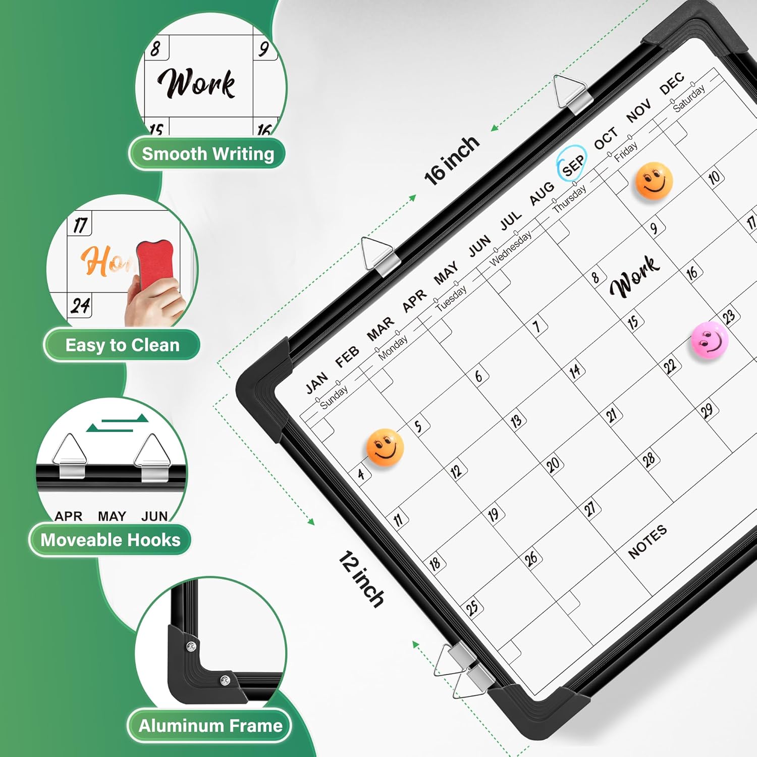 Calendario de borrado en seco para pared, pizarra blanca magnética de 16 x 12 pulgadas, calendario mensual colgante de doble cara, pizarra de