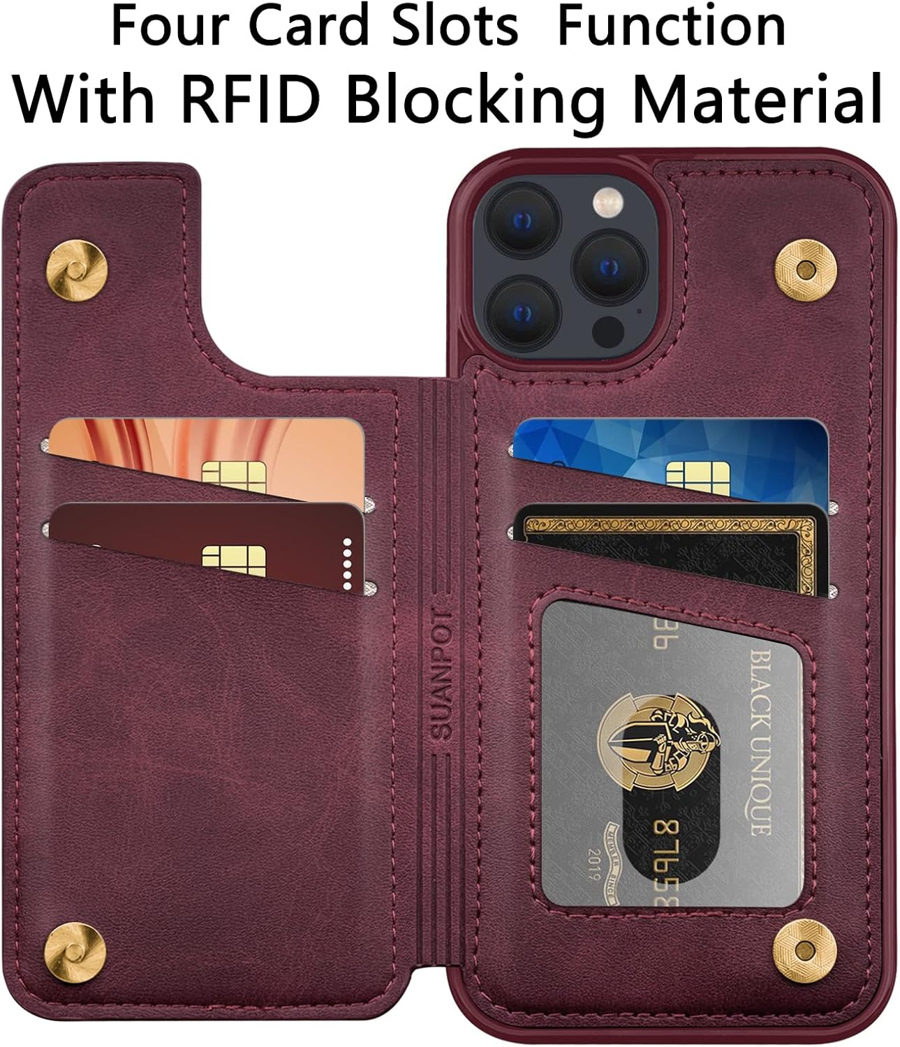 SUANPOT Funda tipo cartera con bloqueo RFID para iPhone 1212 Pro de 6.1 pulgadas con soporte para tarjetas de crédito, funda de piel sintética con