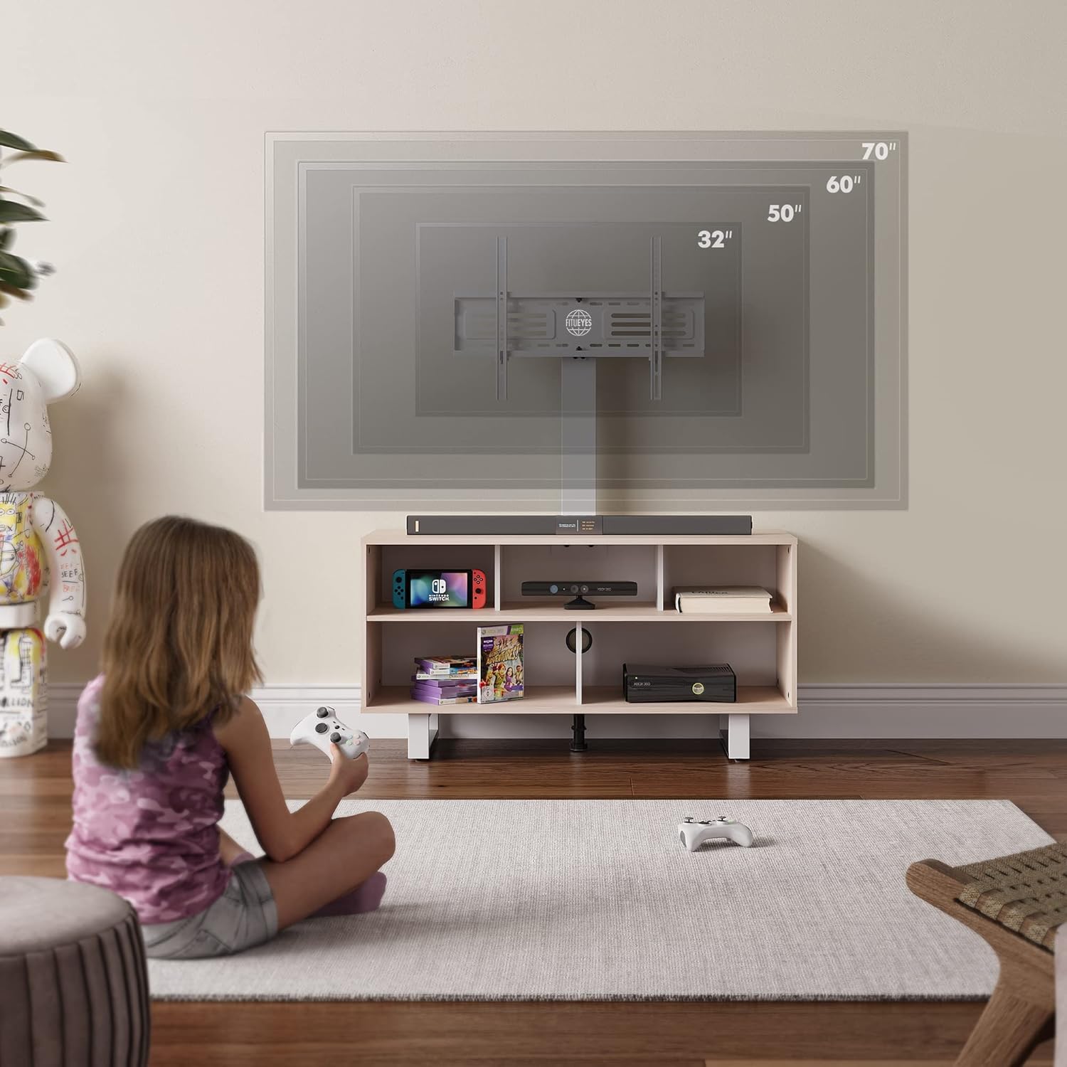 FITUEYES Soporte de TV con soporte para televisores de 32 a 70 pulgadas, centro de entretenimiento con consola de madera con capacidad para hasta