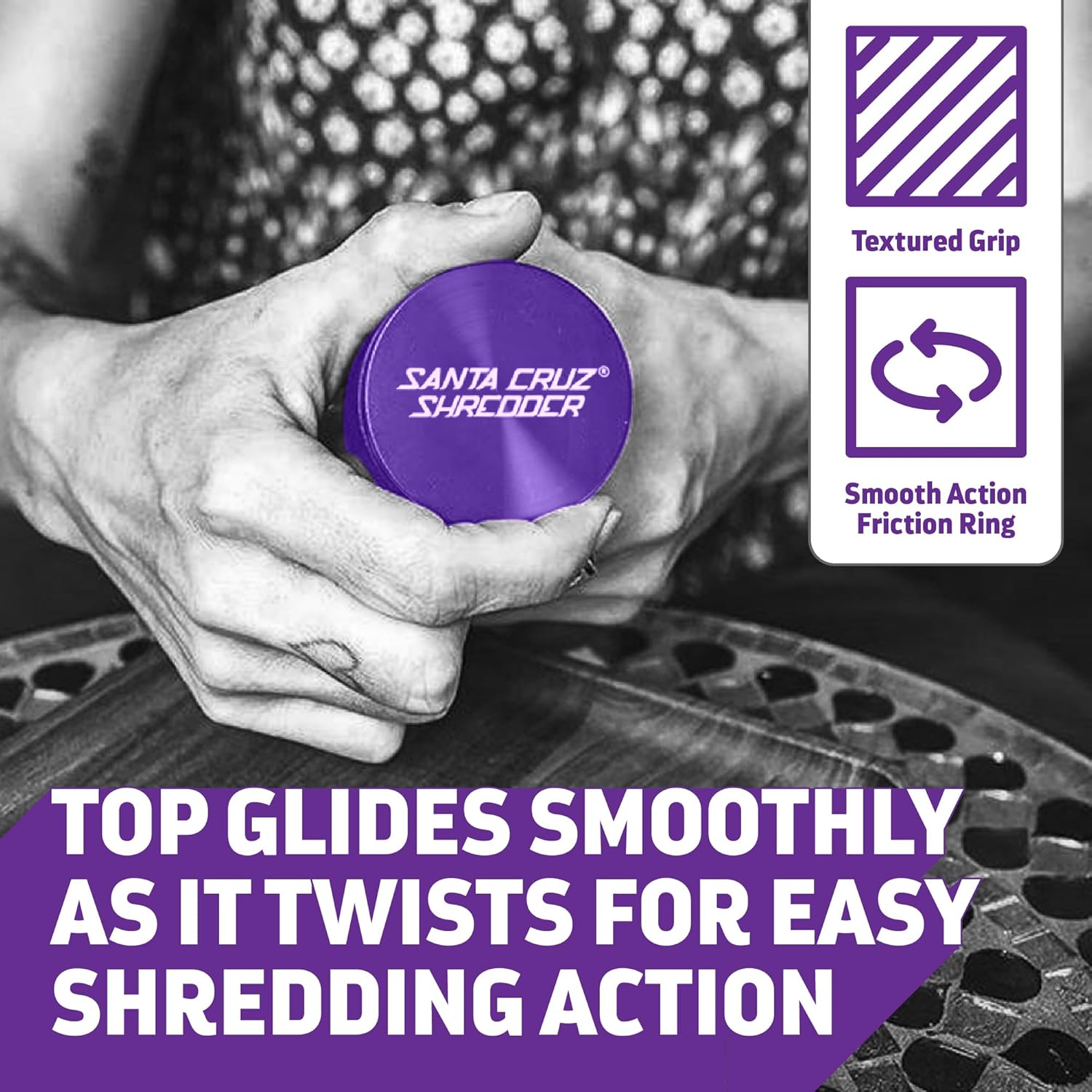 Santa Cruz Shredder Molinillo de hierbas de metal con parte superior moleteada para un agarre más fuerte, 3 piezas, grande de 2.7 pulgadas (morado)