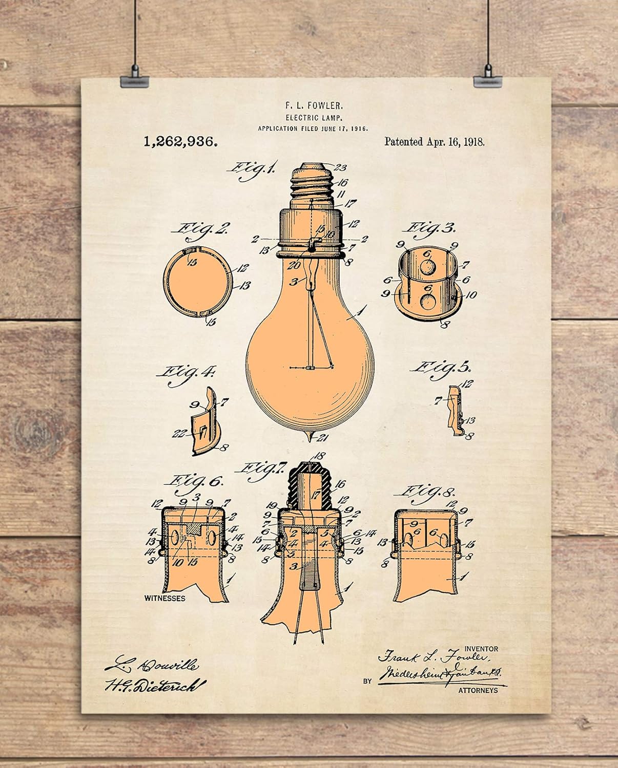 Fowler, estilo pergamino vintage, patente 1918 por Fowler, impresión artística de pared, 11 x 14 pulgadas, gran idea de regalo para ingenieros