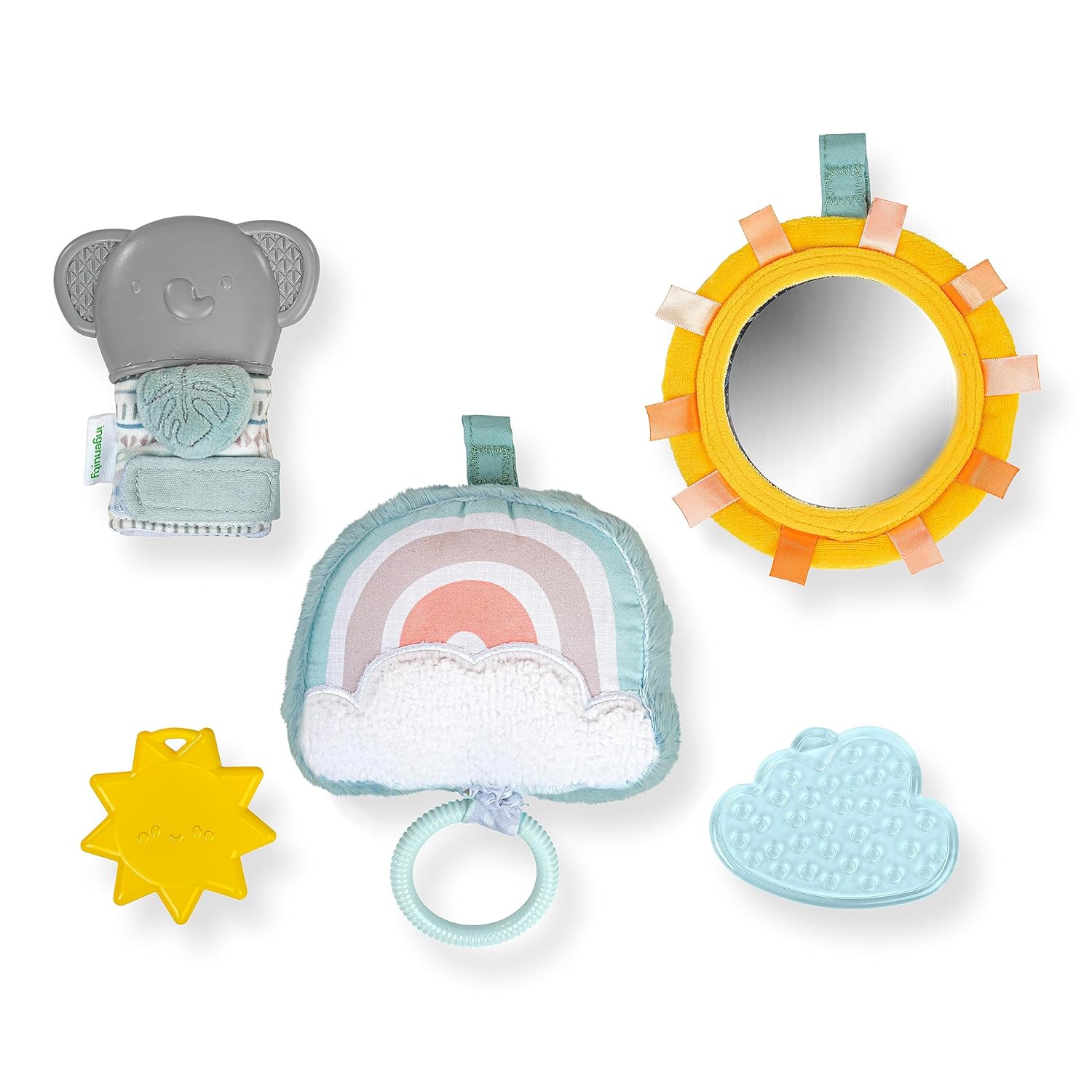 Ingenuity Calm Springs – Juego de regalo de artículos esenciales relajantes, juguete musical, sonajero, espejo, 2 mordedores para bebé