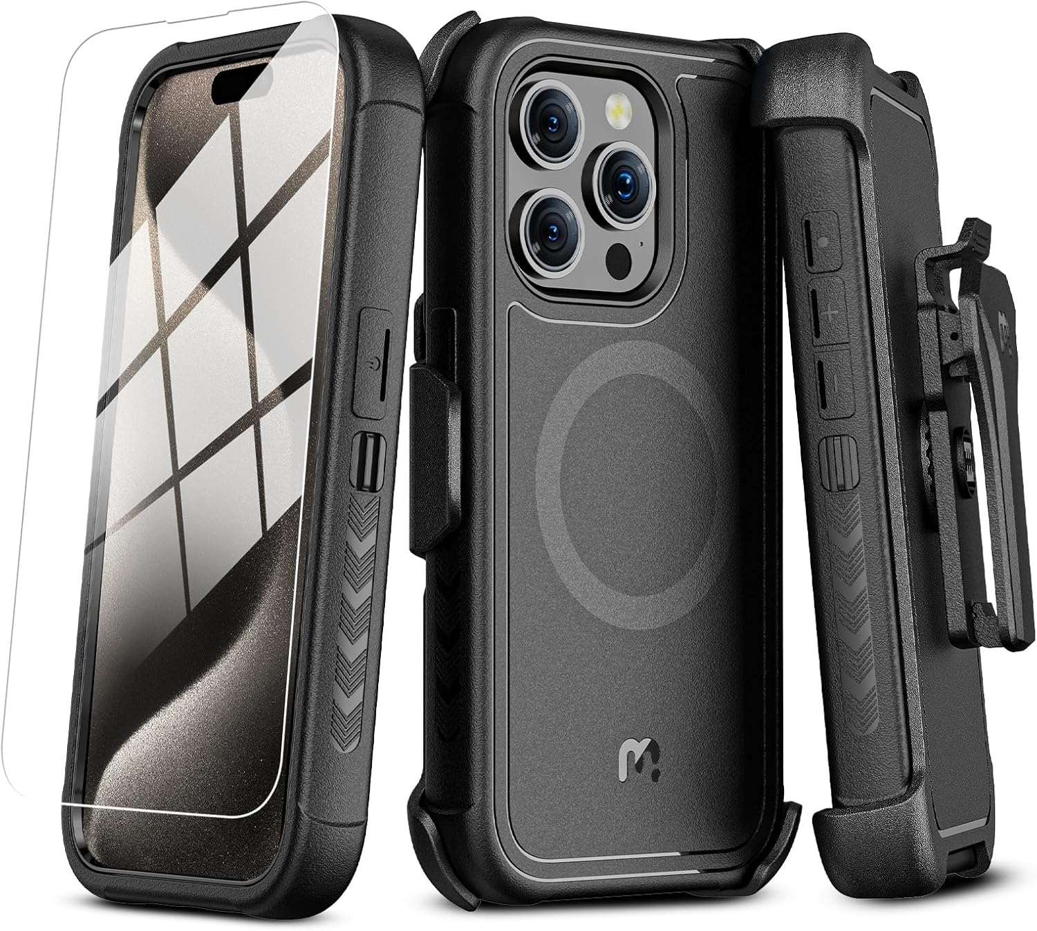 MYBAT PRO Maverick Series – Funda para iPhone 15 Pro Max con funda de clip para cinturón, compatible con MagSafe, con protector de pantalla,