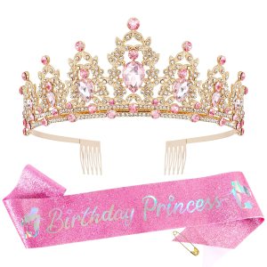 SuPoo Kit de banda y corona de cumpleaños rosa, corona de princesa, tiara de cumpleaños dorada para niña con peine banda de cumpleaños para mujeres, SuPoo Kit de banda y corona de cumpleaños rosa, corona de princesa, tiara de cumpleaños dorada para niña con peine banda de cumpleaños para mujeres,