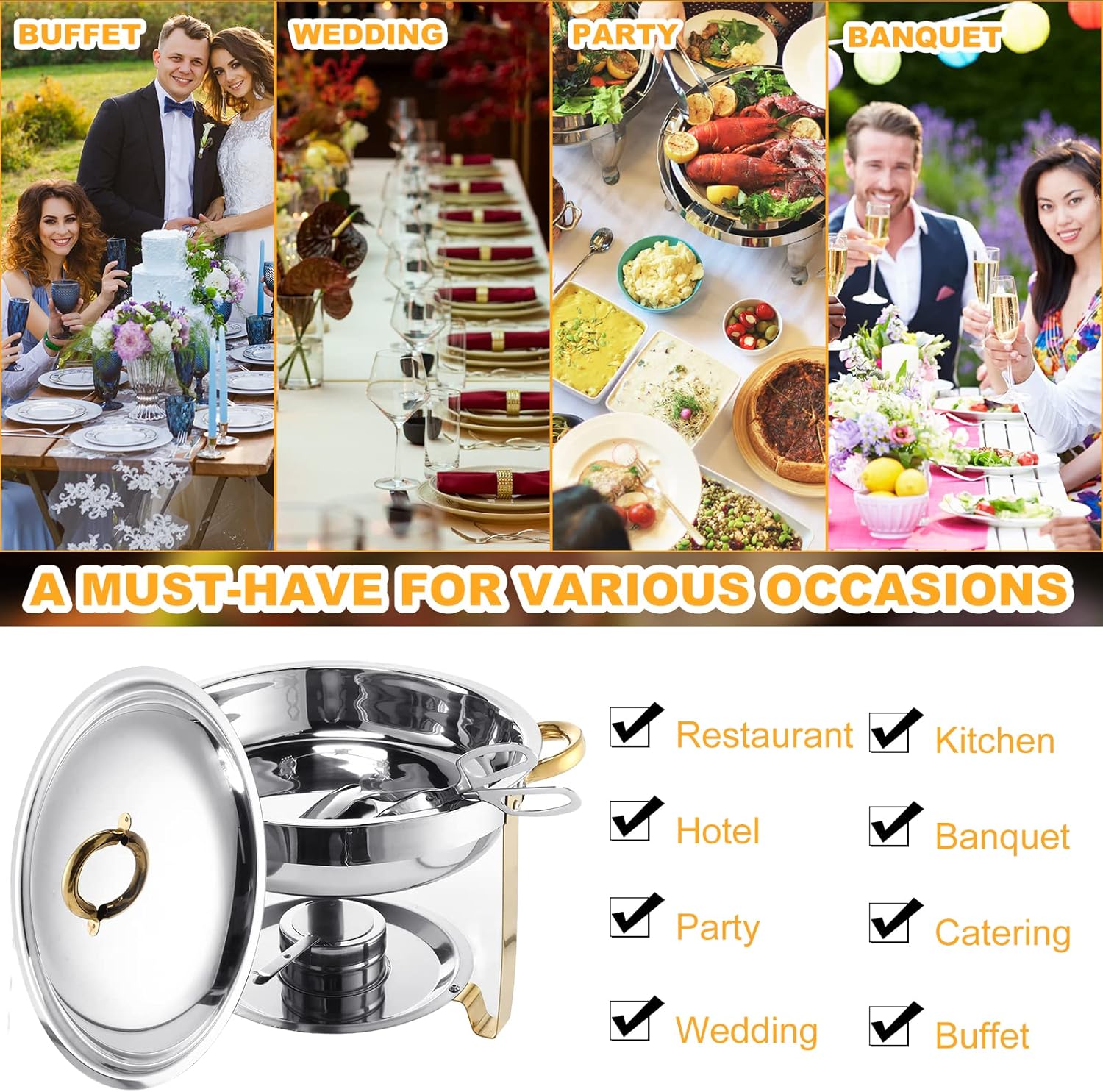 Juego de 6 platos de buffet con 6 pinzas, juego de calentador de alimentos de acero inoxidable, 3.7 cuartos de galón de capacidad redondo con tapa