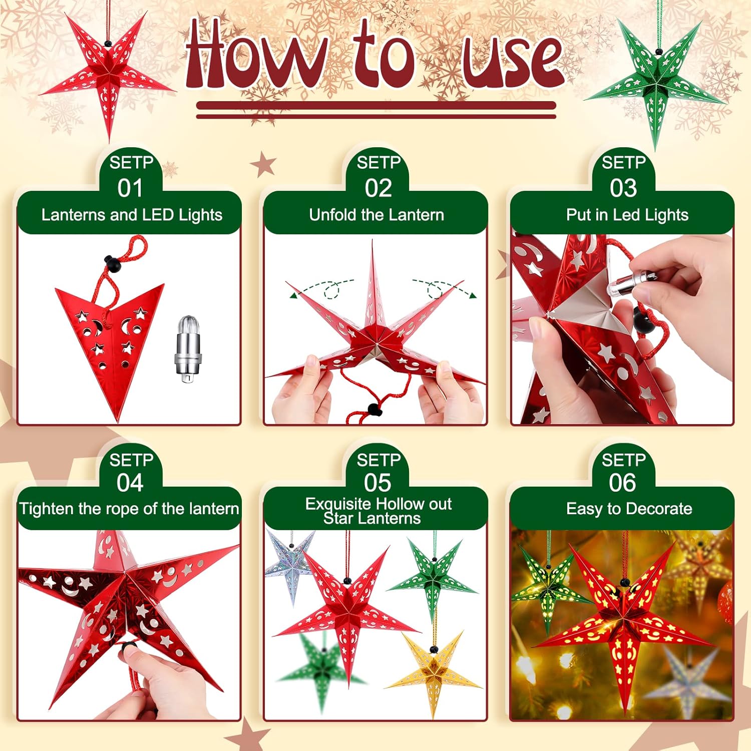 Hortsun Juego de 20 faroles de papel de Navidad con forma de estrella, 2 tamaños, 17.7 pulgadas, 11.8 pulgadas, adornos colgantes de Navidad,