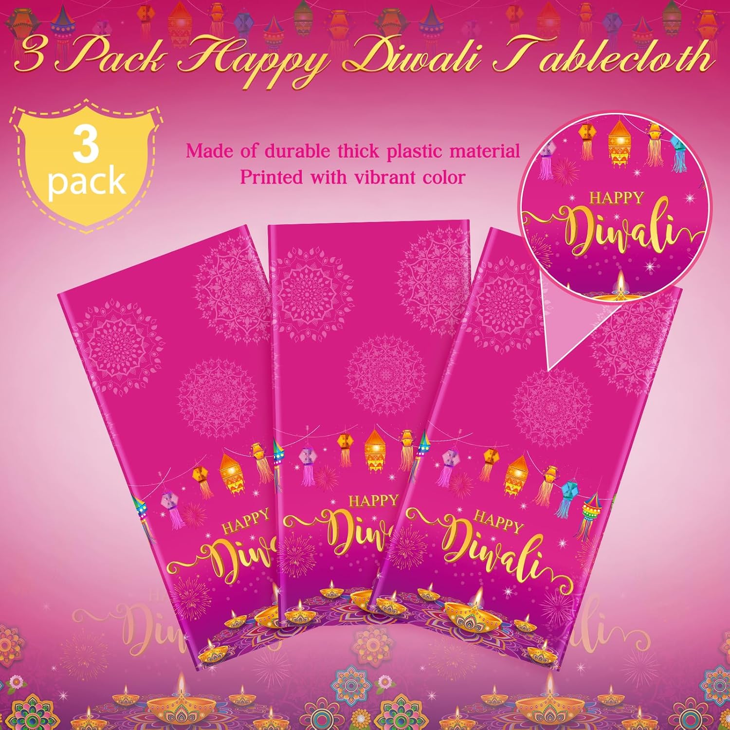 Paquete de 3 manteles desechables Happy Diwali, mantel de plástico para mesas rectangulares, mantel Diwali para decoración india de Diwali,