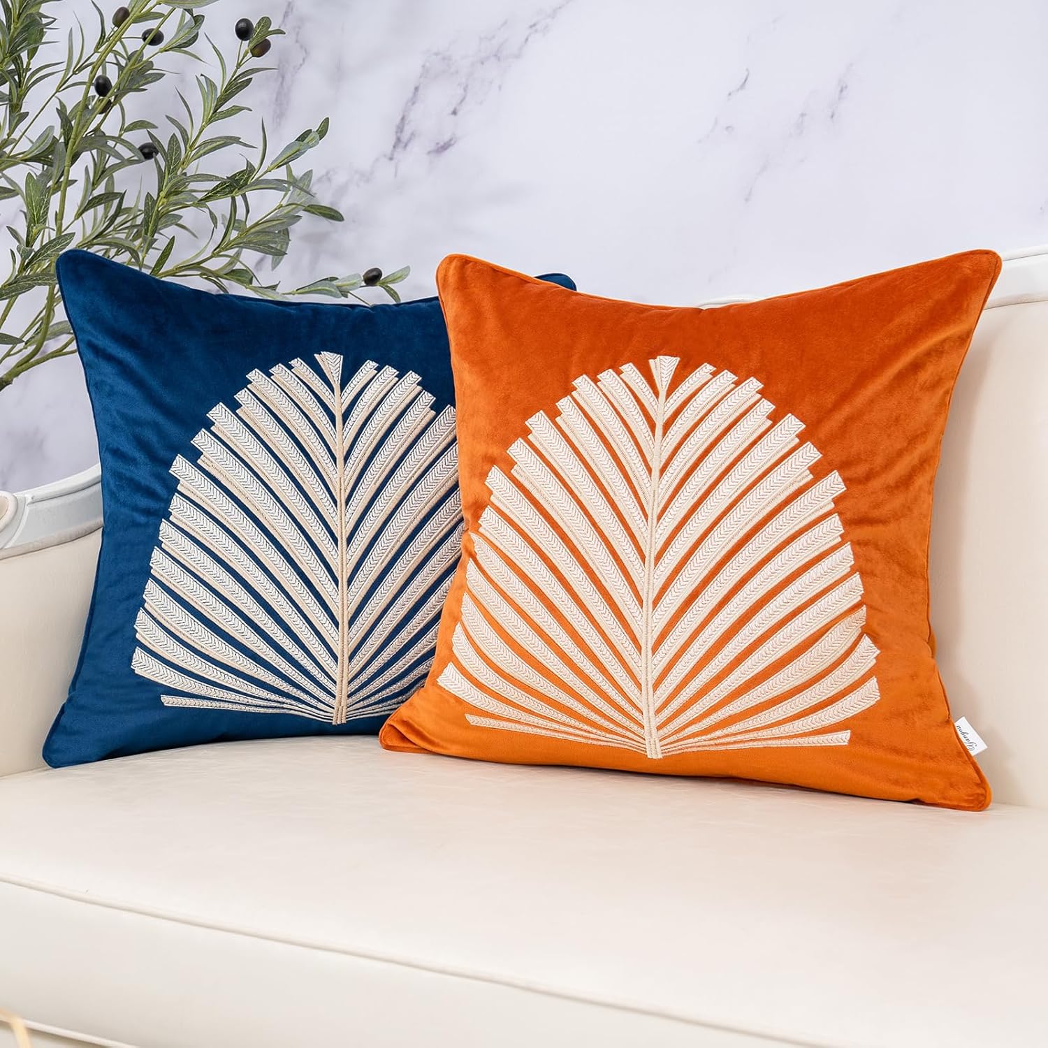 Yangest Funda de almohada de terciopelo con hojas azules, moderna, bordada, funda de cojín neutra para sofá, dormitorio, sala de estar, decoración