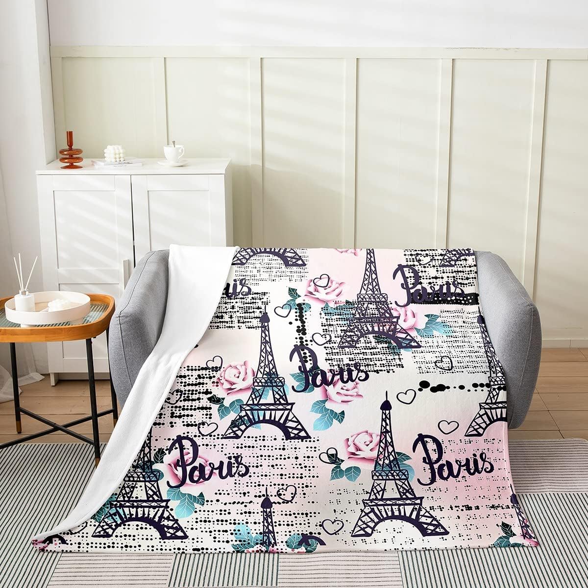Manta de forro polar de la Torre Eiffel para cama, sofá y sillón, manta mullida de franela de la torre de París rosa, para todas las estaciones,