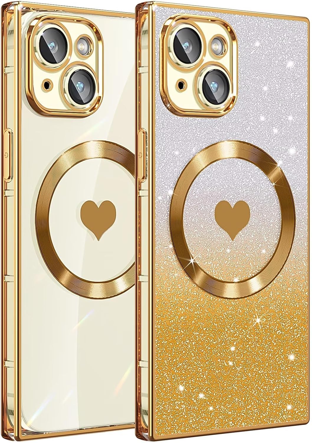 Funda magnética cuadrada para iPhone 15 Plus 2 en 1 compatible con MagSafe, protección completa de la lente, bonito patrón de corazón y cubierta