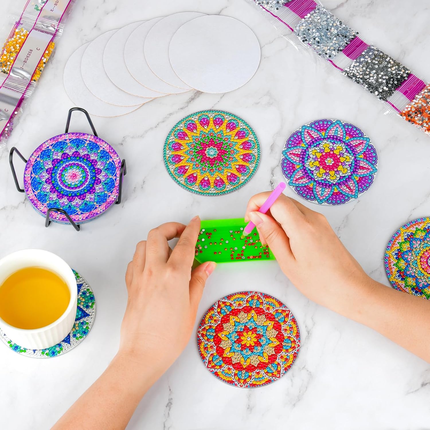 8 posavasos de arte de diamante, kits de pintura de diamantes de mandala para adultos, niños y principiantes, posavasos de pintura de diamante,