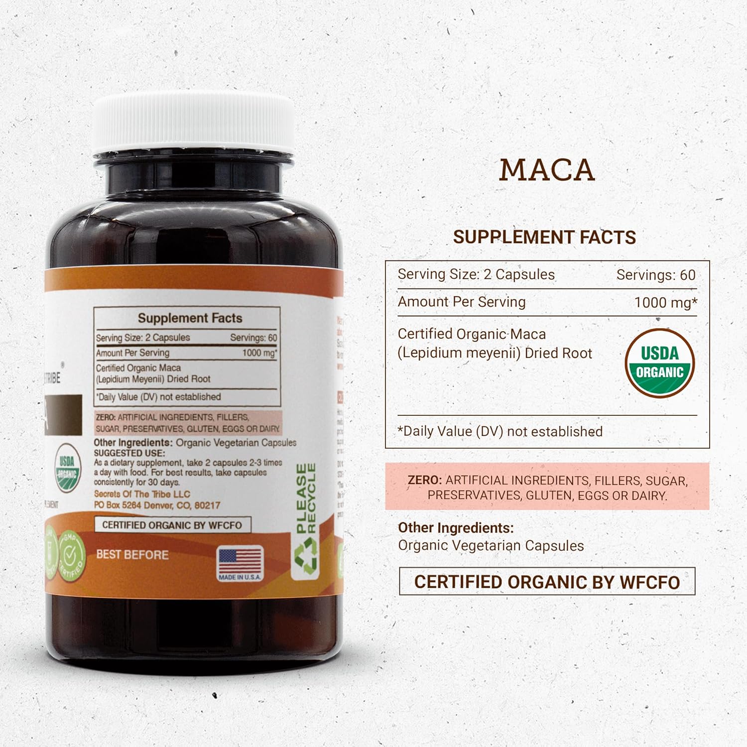 Secrets of the Tribe Maca USDA Organic 120 Cápsulas  Fabricado con cápsulas vegetarianas orgánicas y maca orgánica (Lepidium Meyenii) raíz seca (120