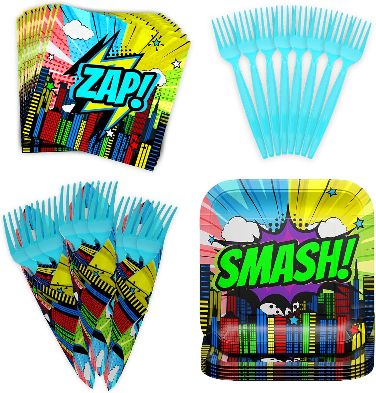 Paquete de suministros para fiesta de superhéroes de cómic (64 piezas para 20 invitados), cumpleaños temático de superhéroes, decoración de fiesta
