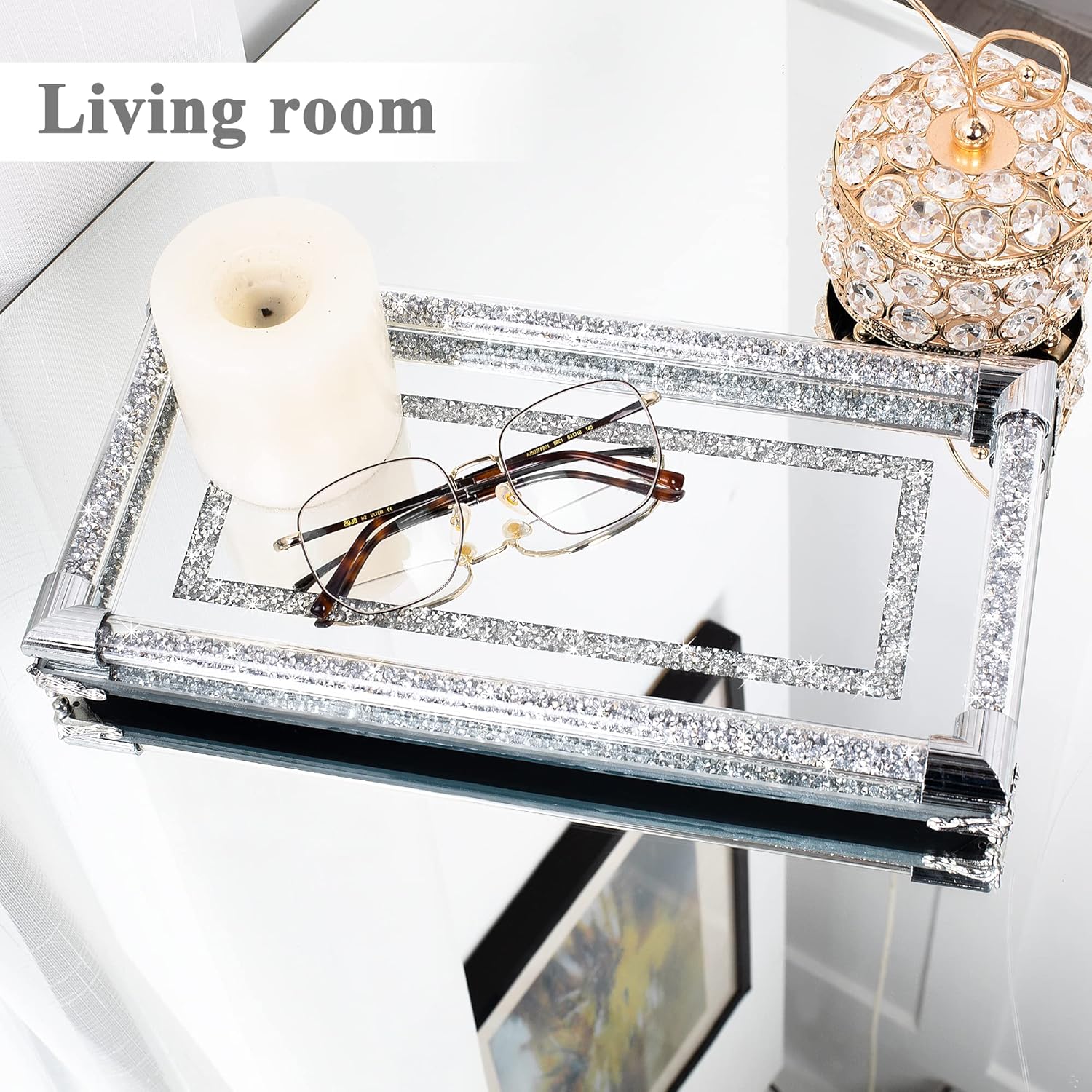 SHYFOY Bandeja de tocador de perfume de espejo plateado de 12.5 pulgadas, bandeja decorativa de cristal triturado, bandeja decorativa rectangular de