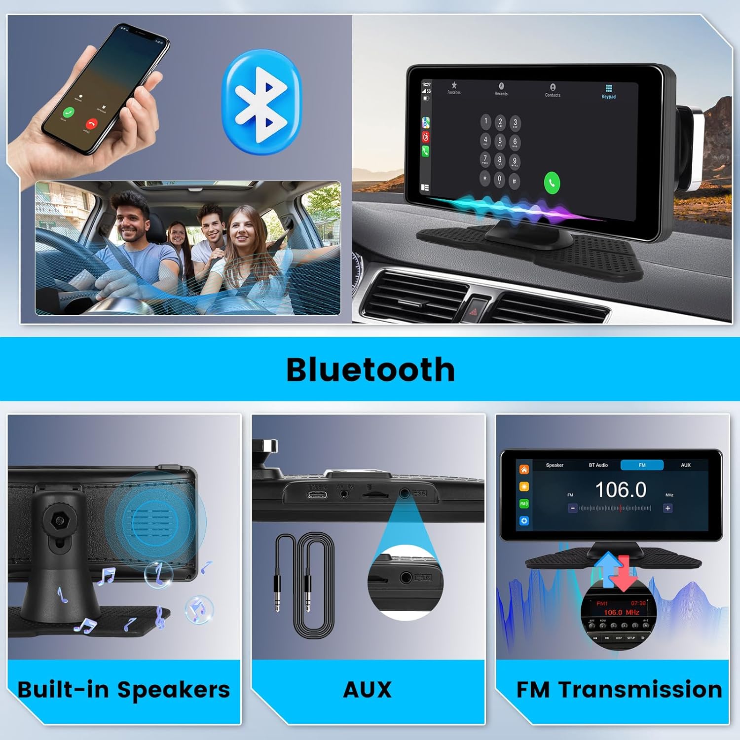 Hikity – Radio portátil inalámbrica para automóvil Carplay 4K, cámara de tablero Hikity de 6.86 pulgadas, pantalla táctil para jugar con Android